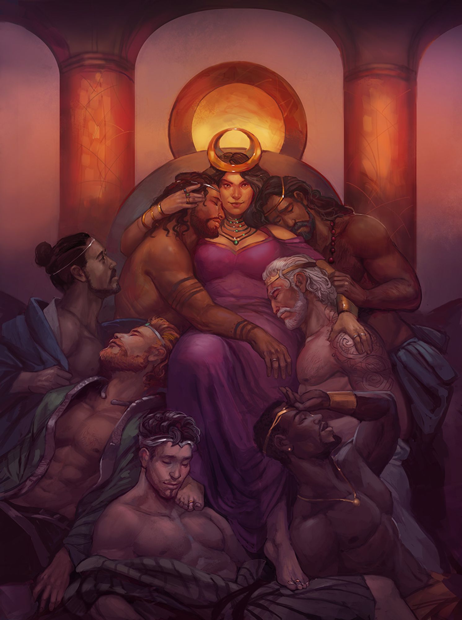 "Queen of Seven Kingdoms" - An illustration I did in 2018 of a curvy woman in a purple dress and golden crown sits on a throne surrounded by seven handsome, swooning men who have draped themselves over her. The woman smiles and makes direct eye contact with the view. As my mom put it, "she done tired them all out!"