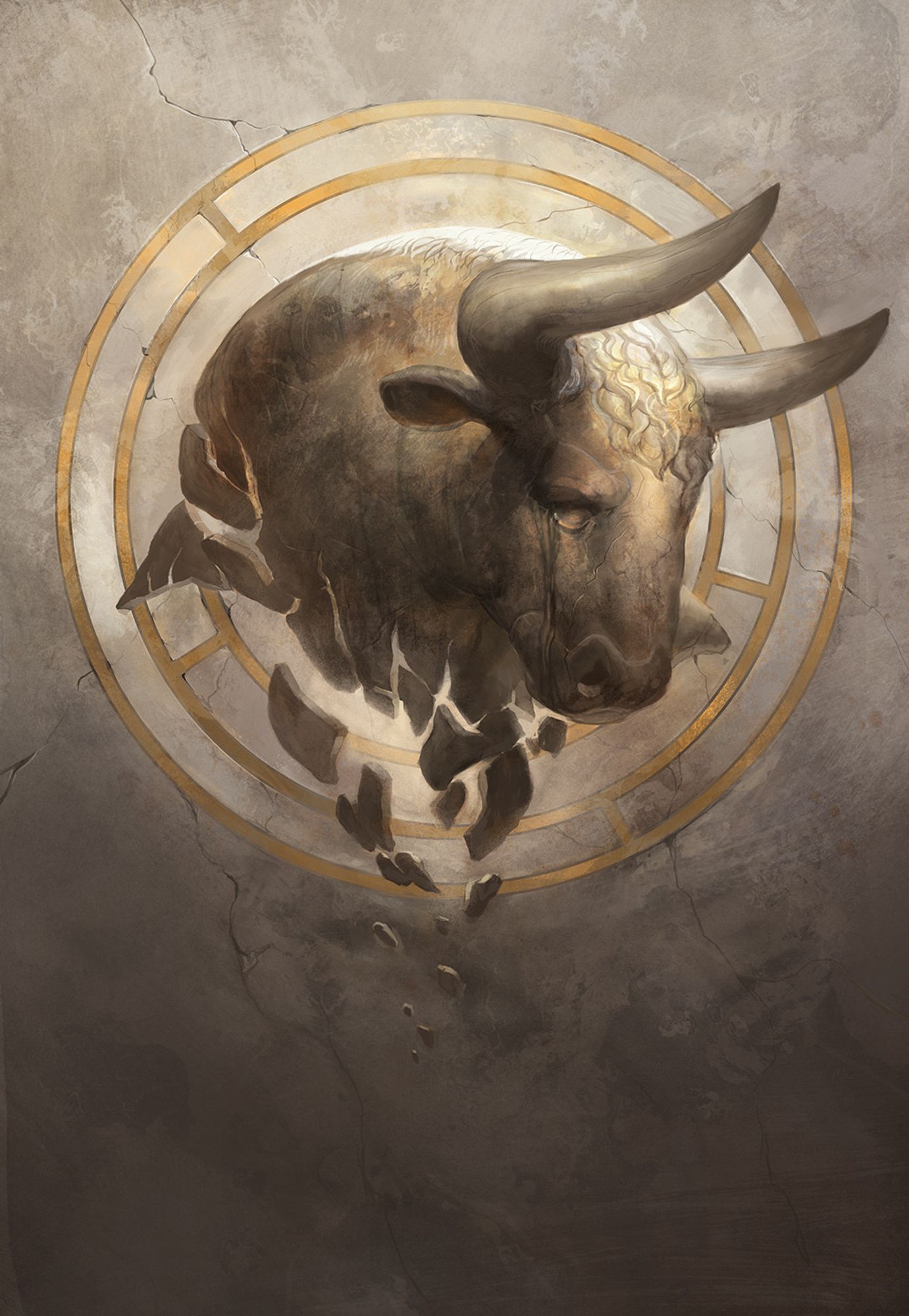 A floating stone head of a minotaur, its base shattered and crumbling. Behind it on a wall is a golden symbol of a labyrinth.