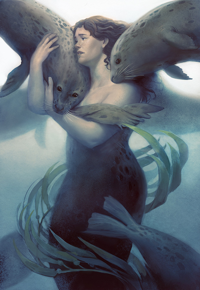 A sad selkie woman floats below the water, tenderly embracing one of the seals that swim around her. 