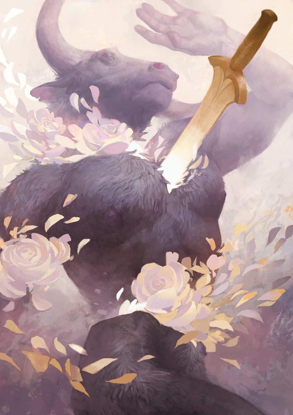 A minotaur with a sword sunk in his chest and several cuts on his body, but from each cut flowers and flower petals flow instead of blood. His face looks sad and pleading, and he raises a hand as if to fend off an attacker.