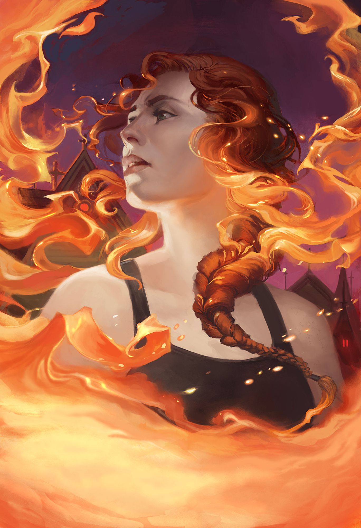 A close-up of the main character, Rachel Morgan, wreathed in stylized flames. Rachel wears a black tanktop and has her red hair in a loose braid that flows into the flames. She looks off in the distance with a pensive, concerned and focused expression.