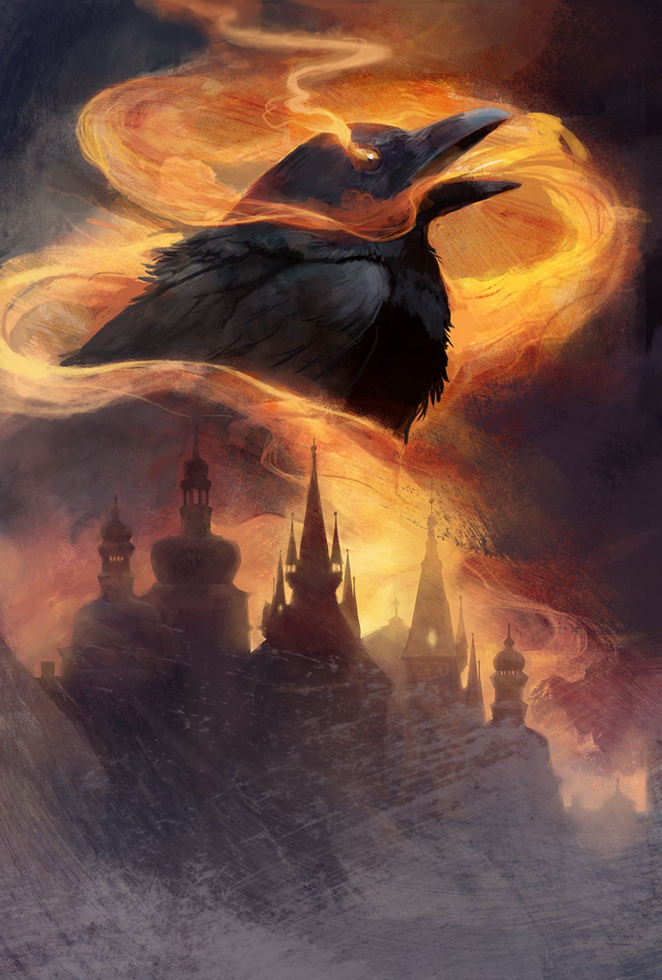 A montage image with a cityscape on the lower part of the image and a raven above, with a swirling line of fire and smoke weaving through the image and the raven's beak.