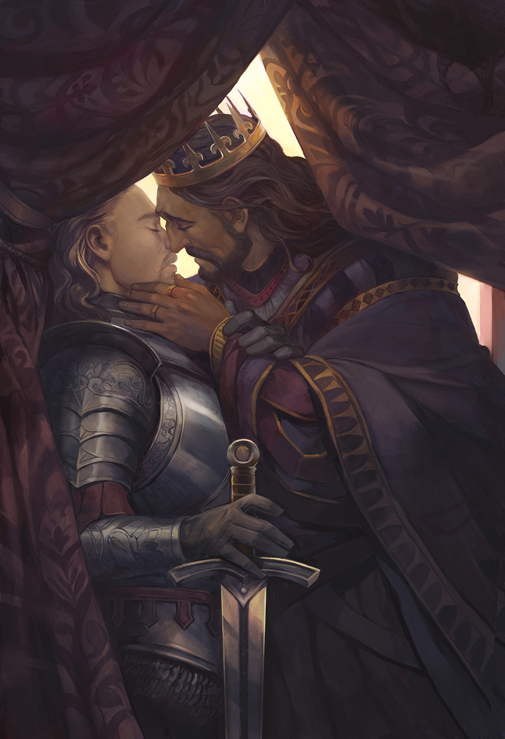 A king and his knight steal a quiet moment away together in a hidden alcove. The king leans in for a kiss and the knight subtly draws him close. The yearning is palpable, haha. 