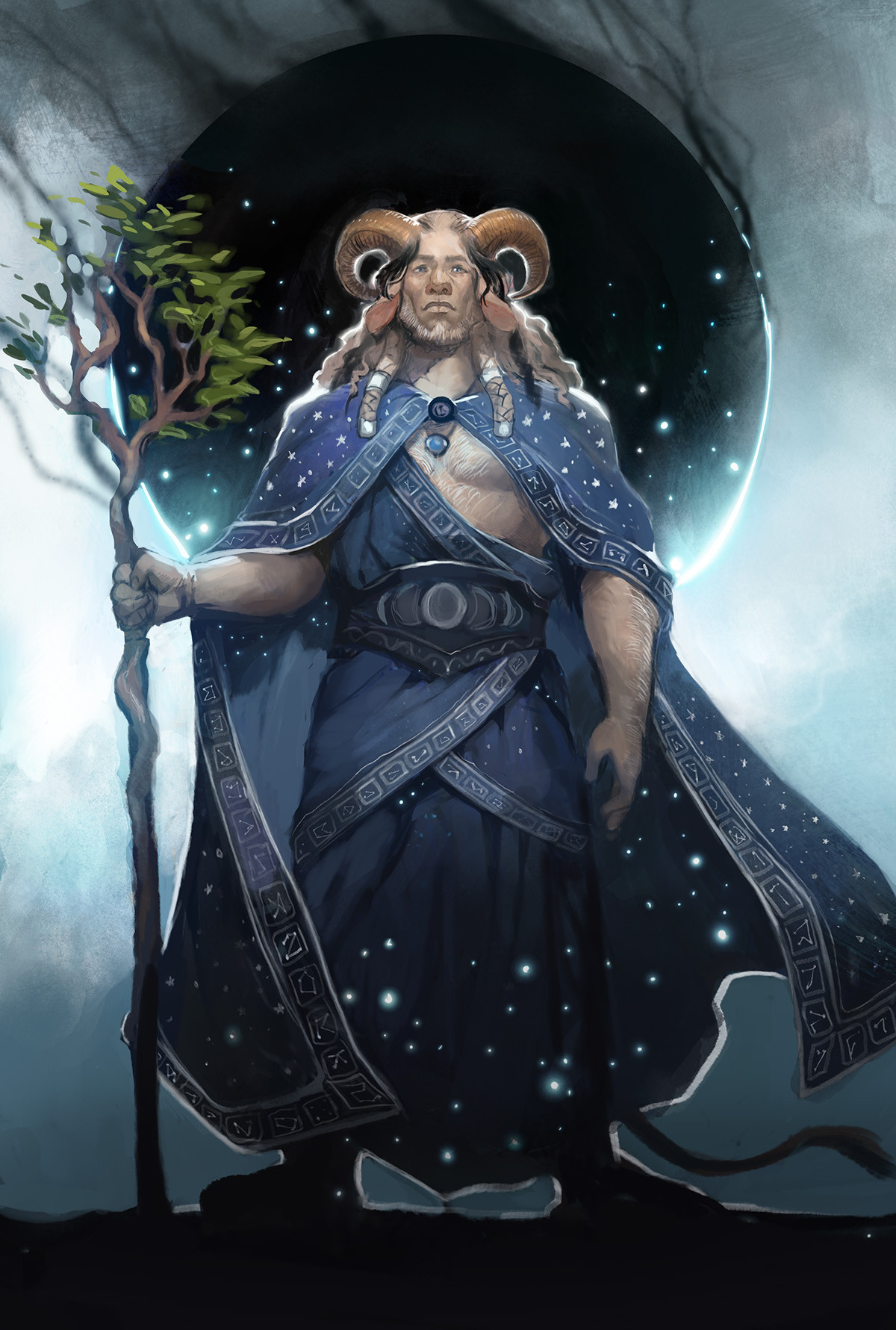 A firbolg druid in starry blue robes with a tree staff. He stands in front of a dark moon, with a sprinkling of stars shining in the shadows throughout.