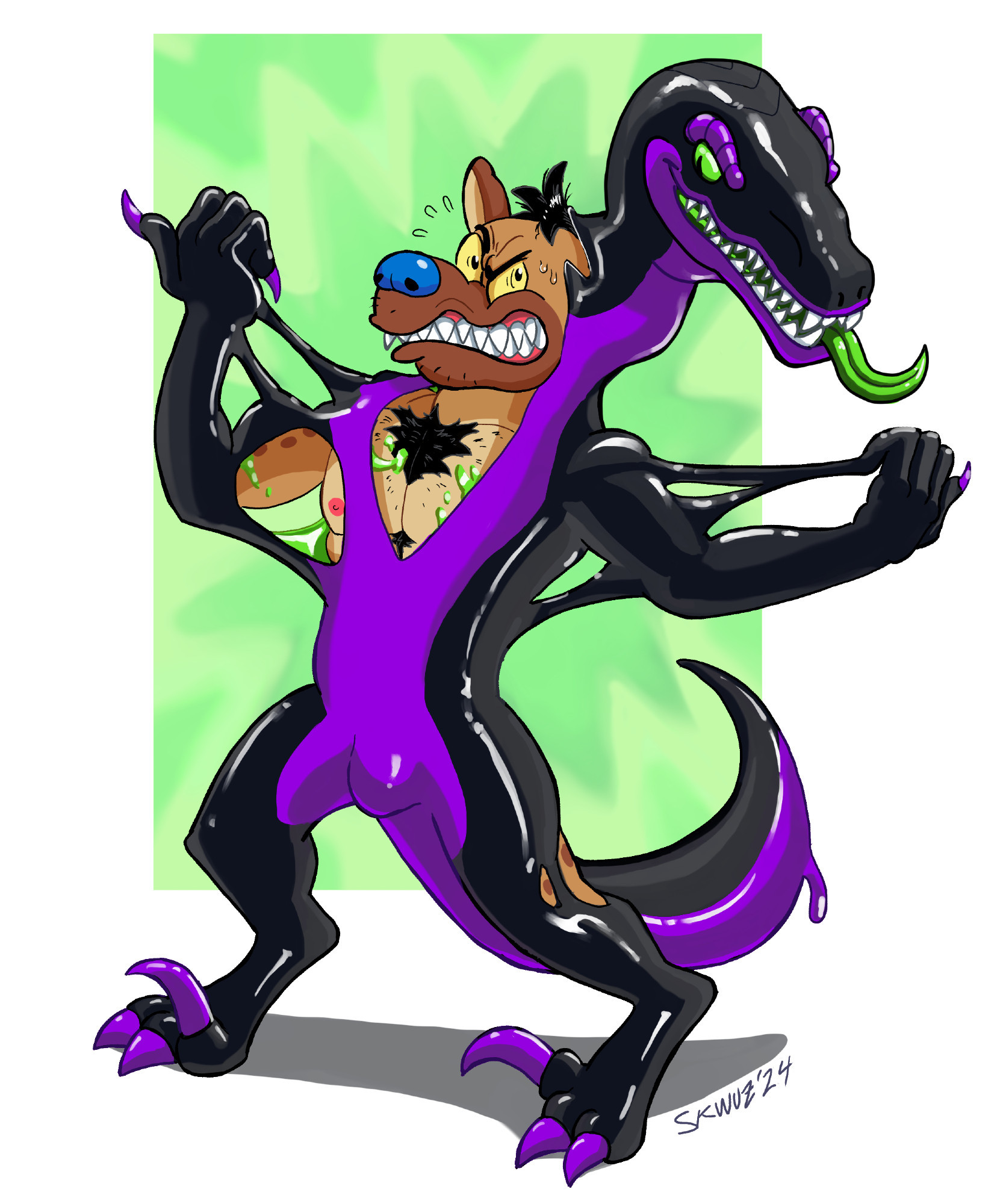 Skwuz, an anthro hyena with blue nose and yellow eyes, fights against being encased by Viskos, a black and purple latex raptor. Standing with arms stretched out in vain resistance, the hyena is mostly encased. Only his chest and grimacing face remain free of encasement as he glares at a smugly grinning raptor head, the dino's green tongue hanging out. Also, purple rubber bulge <3