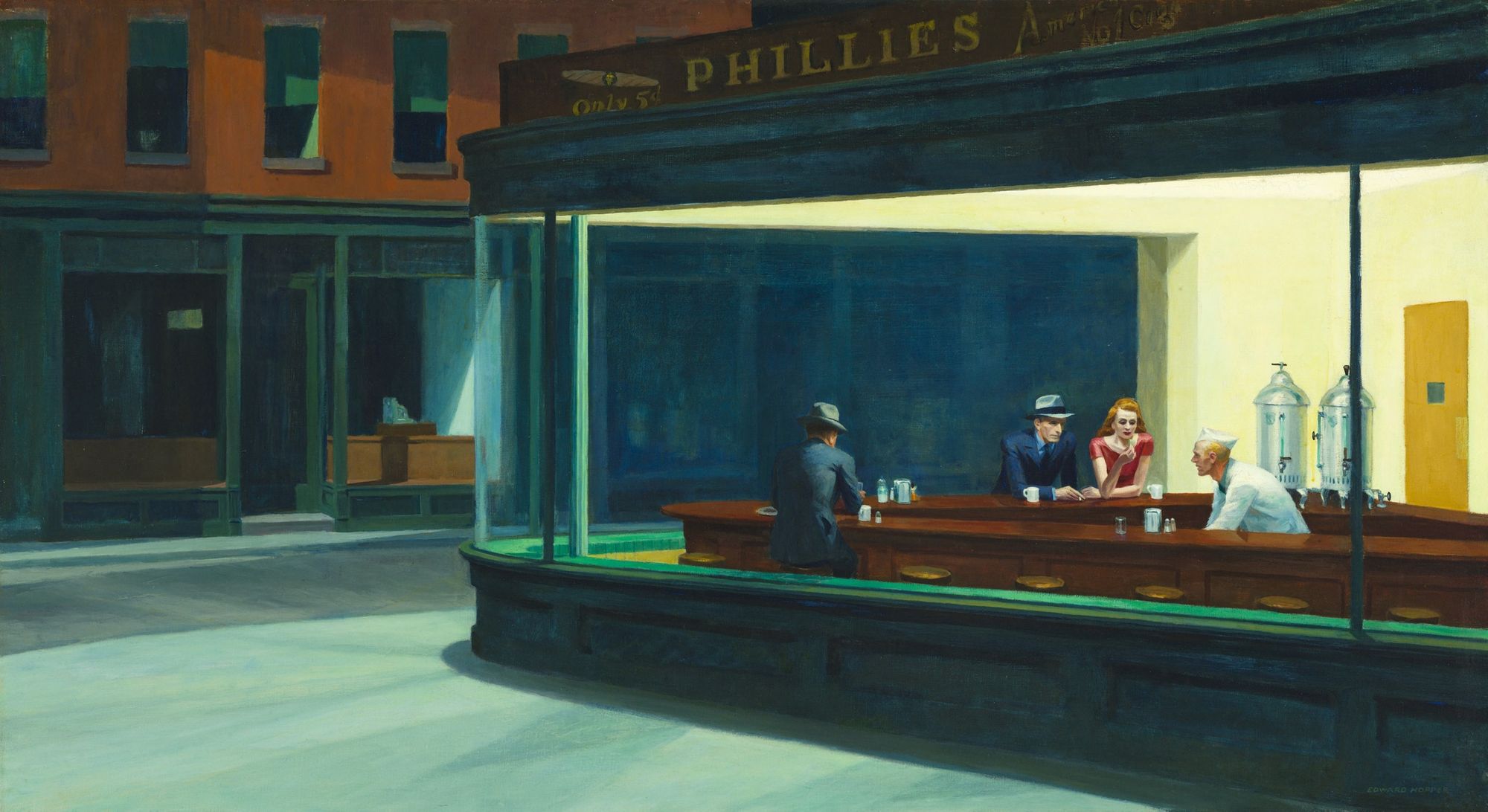 Edward Hopper said that Nighthawks was inspired by “a restaurant on New York’s Greenwich Avenue where two streets meet,” but the image—with its carefully constructed composition and lack of narrative—has a timeless, universal quality that transcends its particular locale. One of the best-known images of twentieth-century art, the painting depicts an all-night diner in which three customers, all lost in their own thoughts, have congregated. Hopper’s understanding of the expressive possibilities of light playing on simplified shapes gives the painting its beauty. Fluorescent lights had just come into use in the early 1940s, and the all-night diner emits an eerie glow, like a beacon on the dark street corner. Hopper eliminated any reference to an entrance, and the viewer, drawn to the light, is shut out from the scene by a seamless wedge of glass. The four anonymous and uncommunicative night owls seem as separate and remote from the viewer as they are from one another. (The red-haired woman was actually modeled by the artist’s wife, Jo.) Hopper denied that he purposefully infused this or any other of his paintings with symbols of human isolation and urban emptiness, but he acknowledged that in Nighthawks “unconsciously, probably, I was painting the loneliness of a large city.”

Friends of American Art Collection