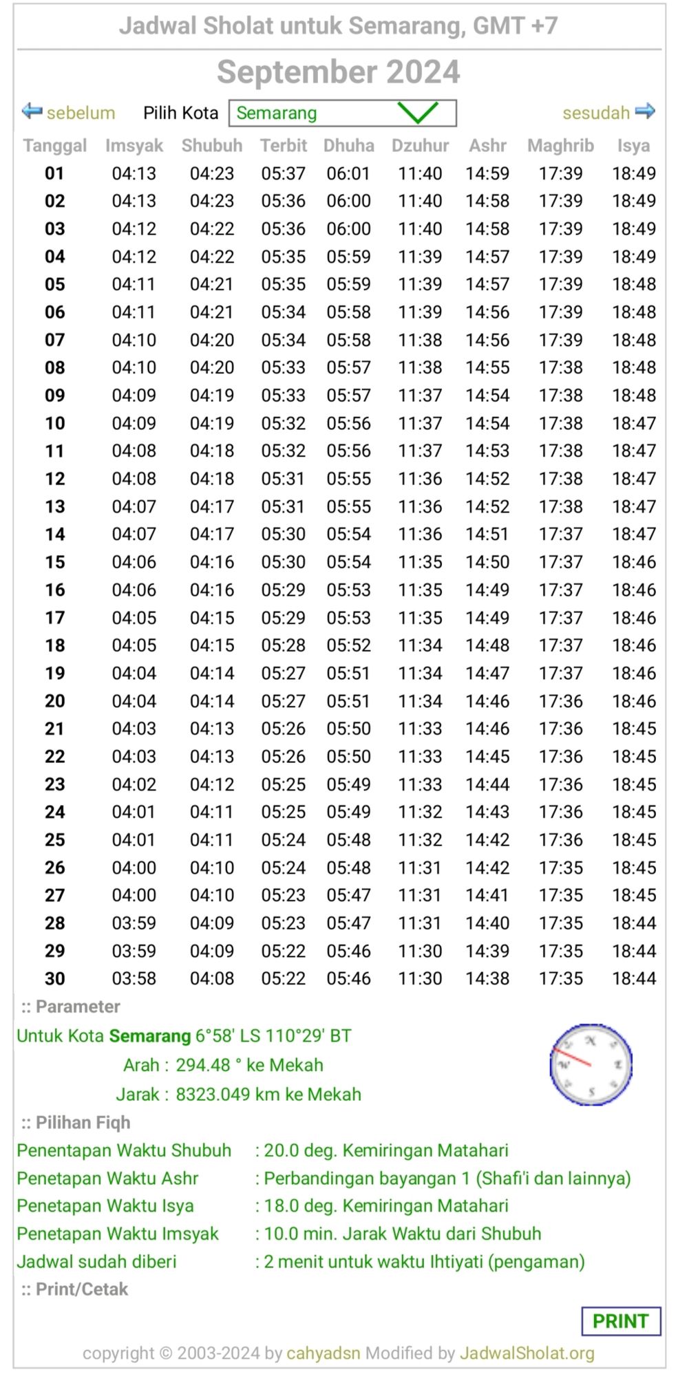 Jadwal Sholat September di Semarang