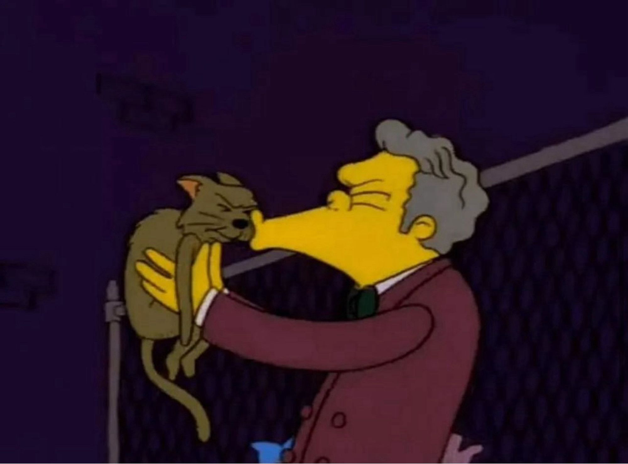 Screenshot from a Simpsons episode where Moe Szyslak kisses a brown cat. The cat doesn’t look happy.