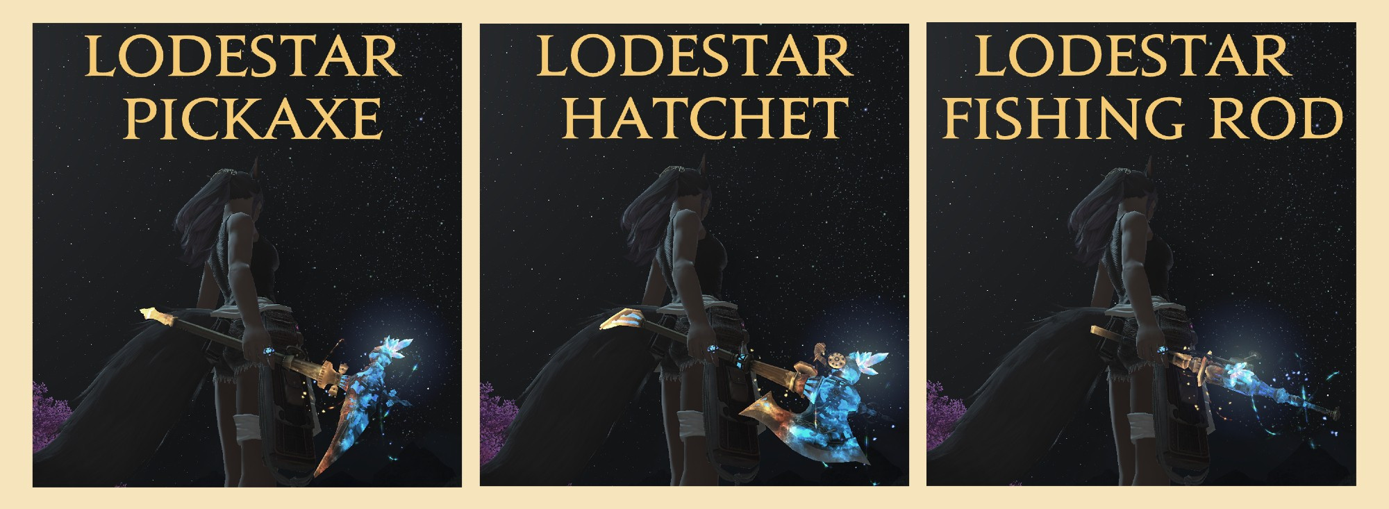 FFXIV fully upgraded gathering tool relics called Lodestar.

Mining, Botany and Fishing.