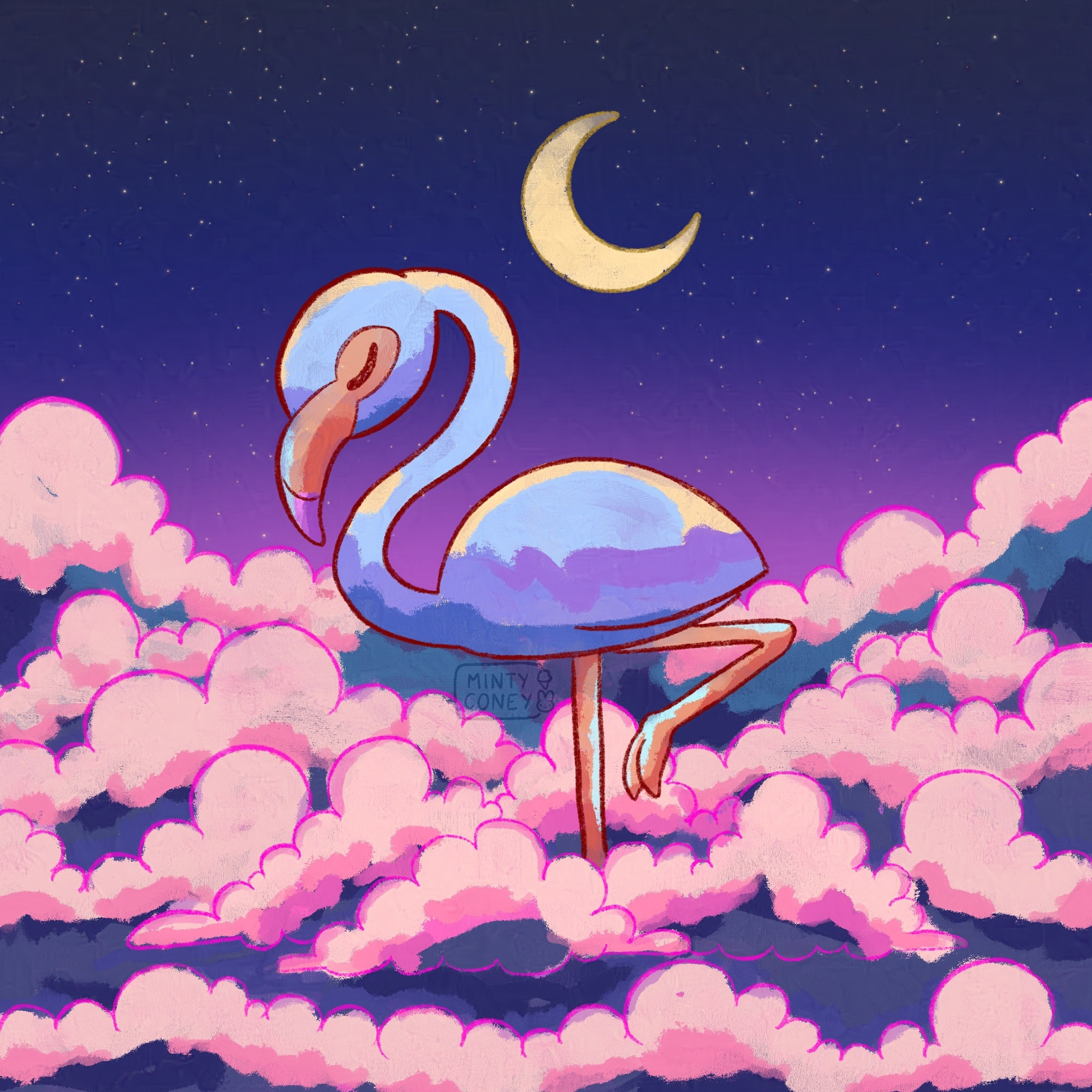 A drawing of a blue flamingo standing in a sea of pink clouds at night