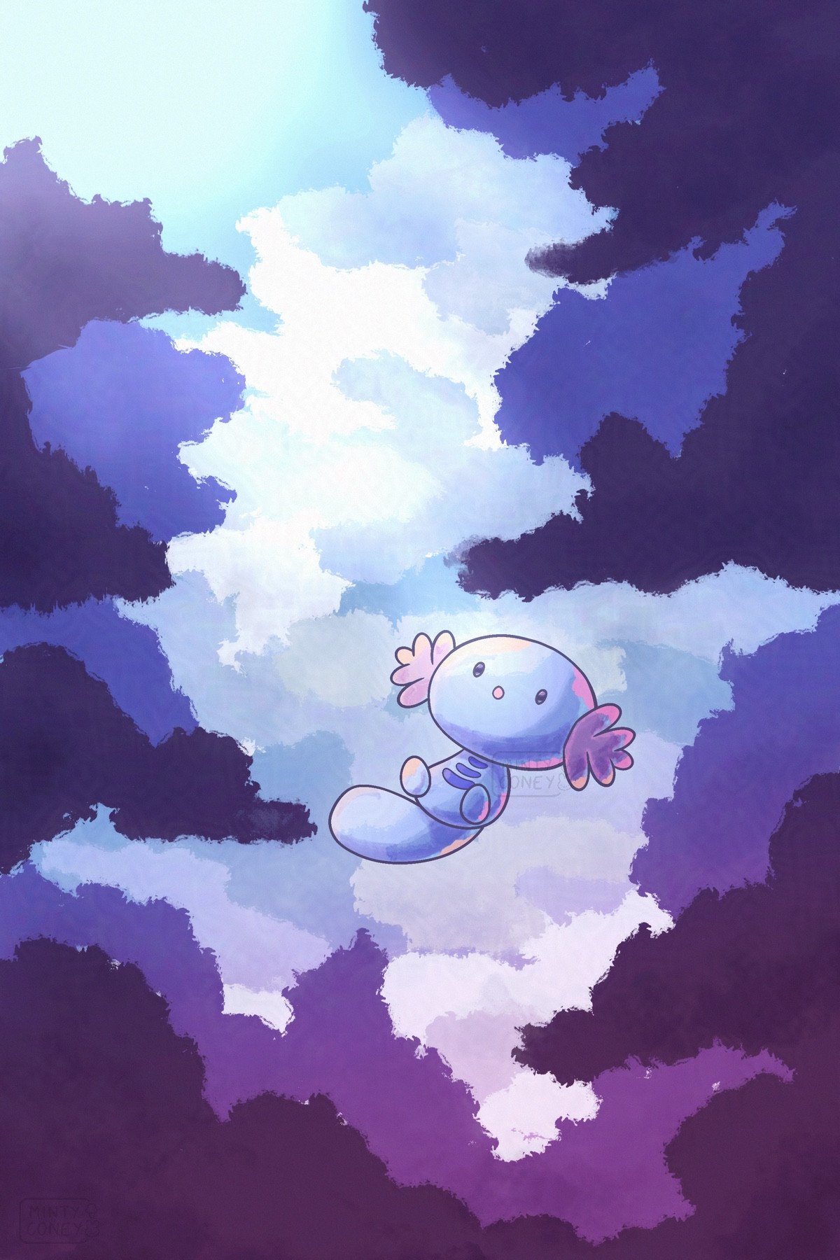 A drawing of the Pokémon Wooper floating between blue and purple cloudy forms. A light from the top left corner is shining down on Wooper, who is looking up towards it.