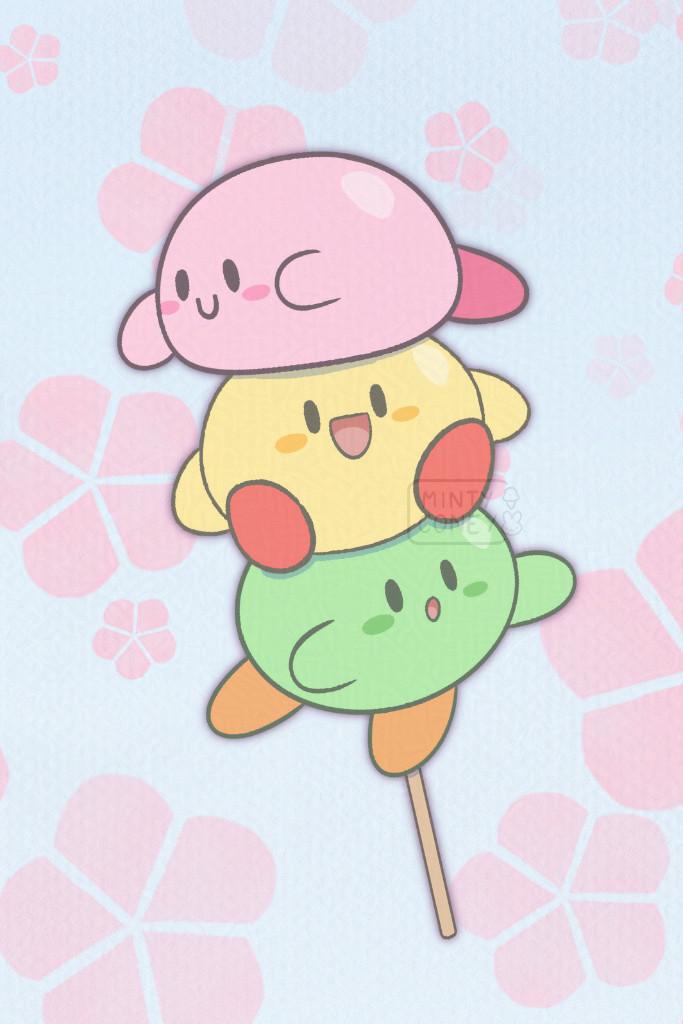 Drawing of a Tri-Color Dango. Each Dango is replaced by a Kirby of the corresponding color (Pink, Yellow, Green). Each Kirby has a different expression/mannerism. Pink Kirby is Lazing, Yellow Kirby is sitting happily, and Green Kirby is balancing cautiously.