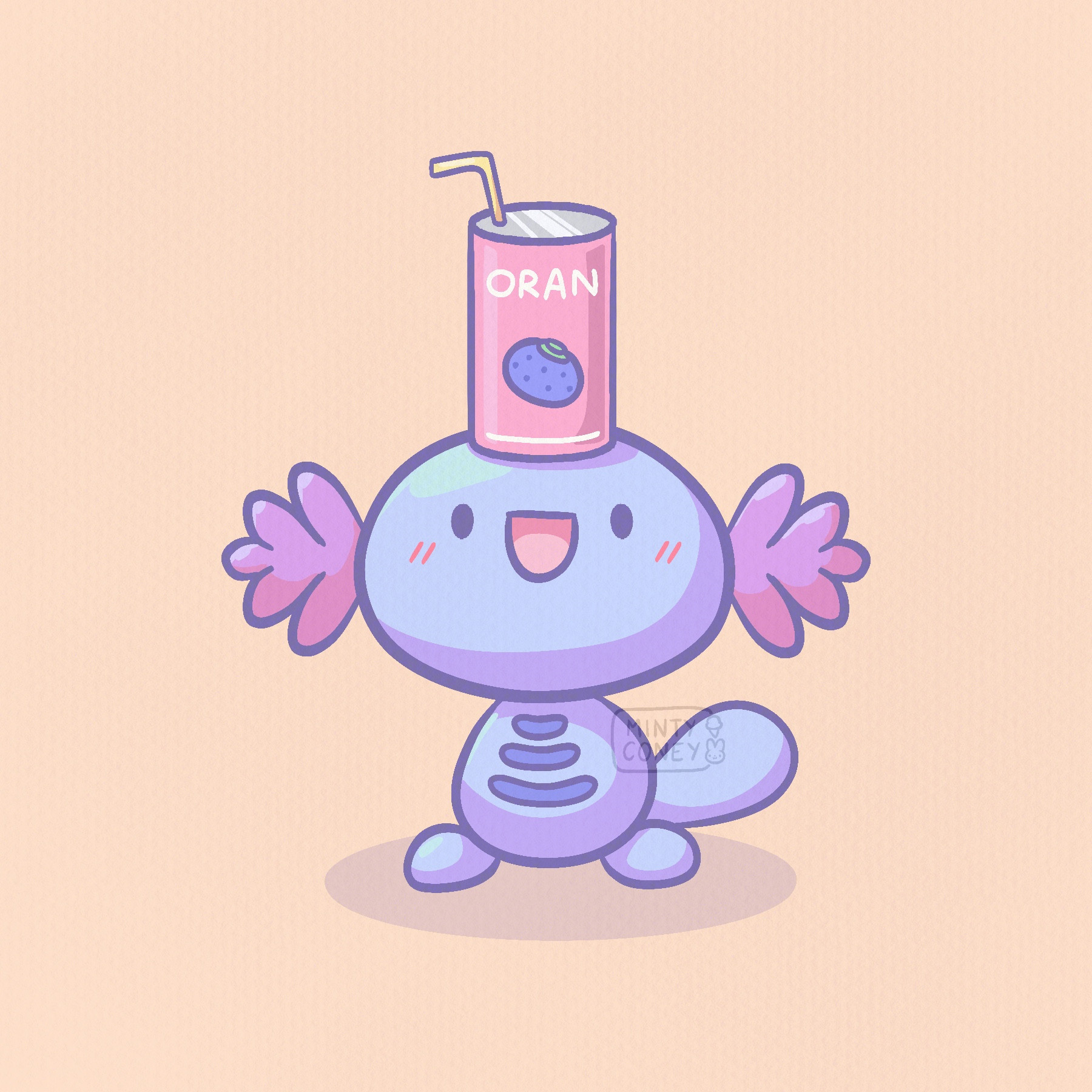 Drawing of the Pokemon Wooper. Wooper has a can on his head that reads Oran with a Oran Berry on it and a straw coming out of the top.