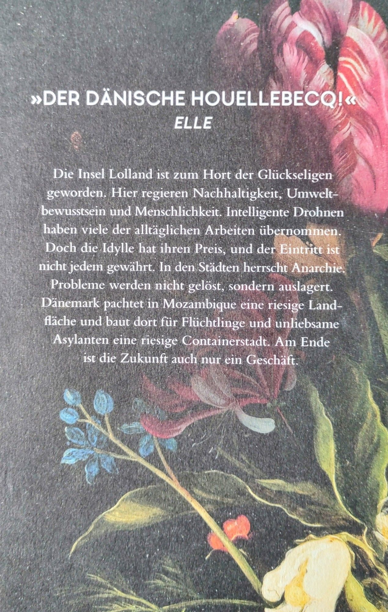 >>>DER DÄNISCHE HOUELLEBECQ!<<< ELLE

Die Insel Lolland ist zum Hort der Glückseligen geworden. Hier regieren Nachhaltigkeit, Umwelt- bewusstsein und Menschlichkeit. Intelligente Drohnen haben viele der alltäglichen Arbeiten übernommen. Doch die Idylle hat ihren Preis, und der Eintritt ist nicht jedem gewährt. In den Städten herrscht Anarchie.

Probleme werden nicht gelöst, sondern auslagert. Dänemark pachtet in Mozambique eine riesige Land- fläche und baut dort für Flüchtlinge und unliebsame Asylanten eine riesige Containerstadt. Am Ende ist die Zukunft auch nur ein Geschäft.