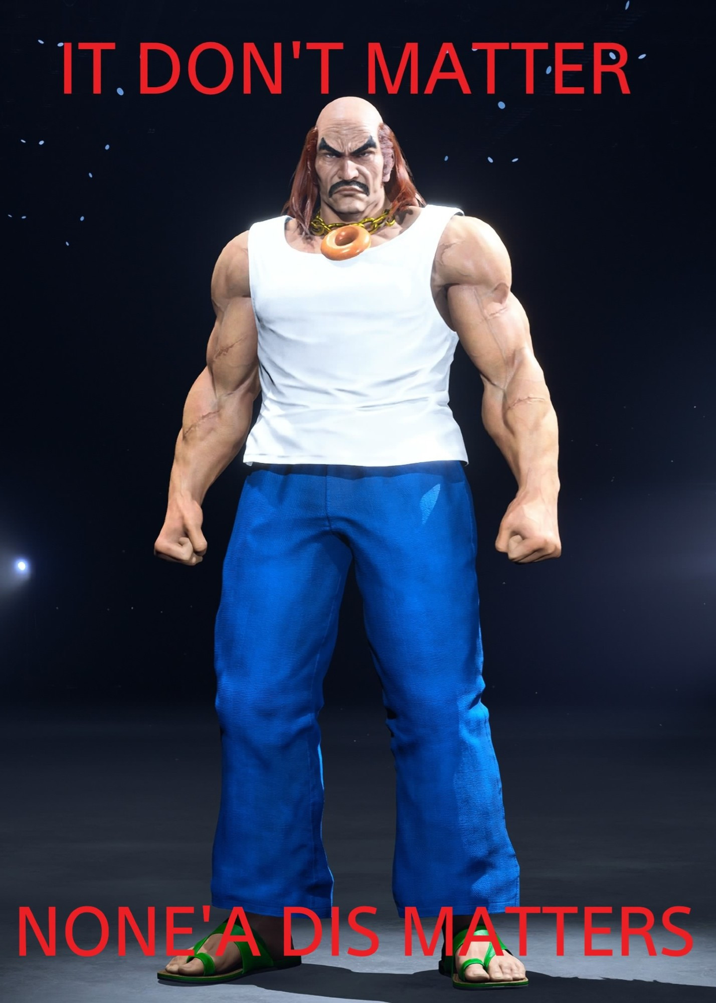 An image of Hehachi Mishima in Tekken i customized to look like Carl Brutaninandilewski from "Aqua Teen Hunger Force." It's accompanied with the caption "It don't matter. None'a dis matters."