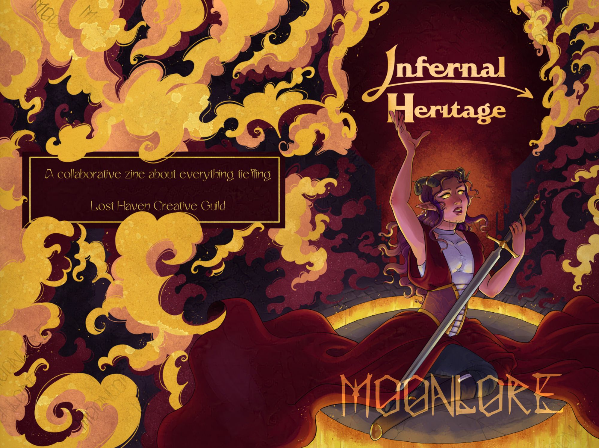 Digital Illustration of a wraparound book cover for "Infernal Heritage". In the front, a horned woman hold a sword and has a raised hand. She gazes upon the viewer. She's on a fragmenting platform that is breaking away from the rest of the floor. Around her, fire and smoke licks around the illustration in a stylized way. The text on the back says "A Collaborative zine about everything Tiefling. Lost Heritage Creative Guild."