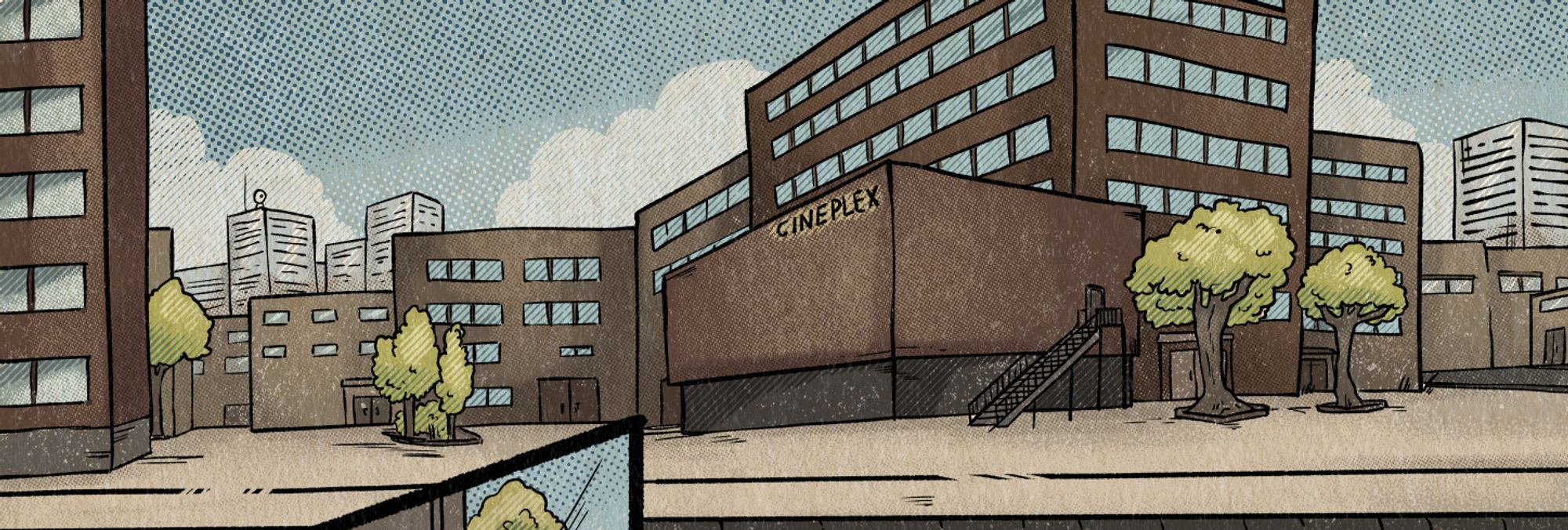 Digital Illustration/ Comic Panel of a landscape of buildings with a few trees here and there and a cloudy sky. The landscape is based off the campus of Staffordshire University.