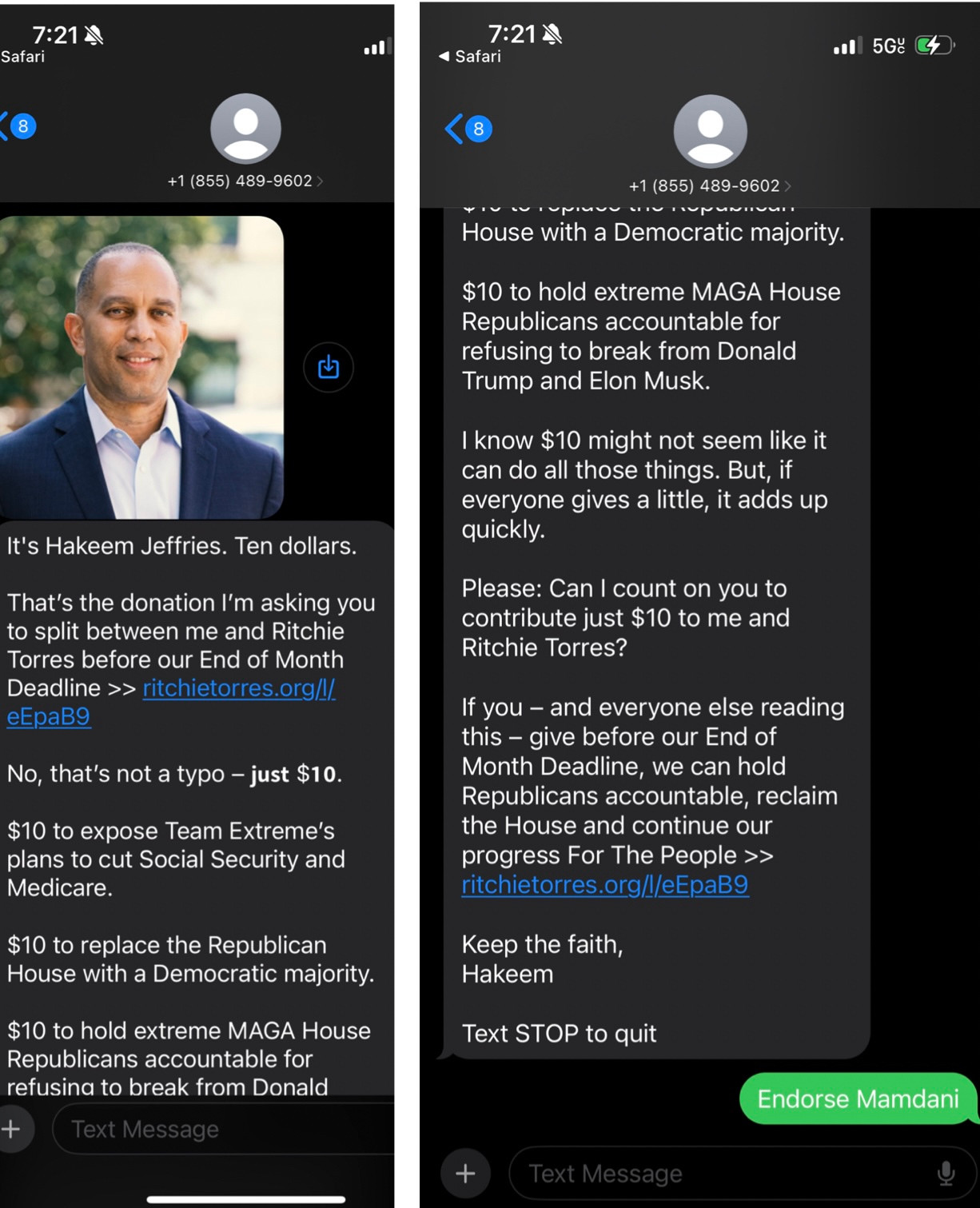 Hakeem Jeffries sent a long-ass text message asking for money. My response: Endorse Mamdani