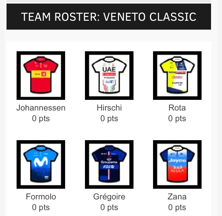 velogames team veneto classic.
plänterwald cycling team.
johannessen / hirschi / rota
formolo / grégoire / zana