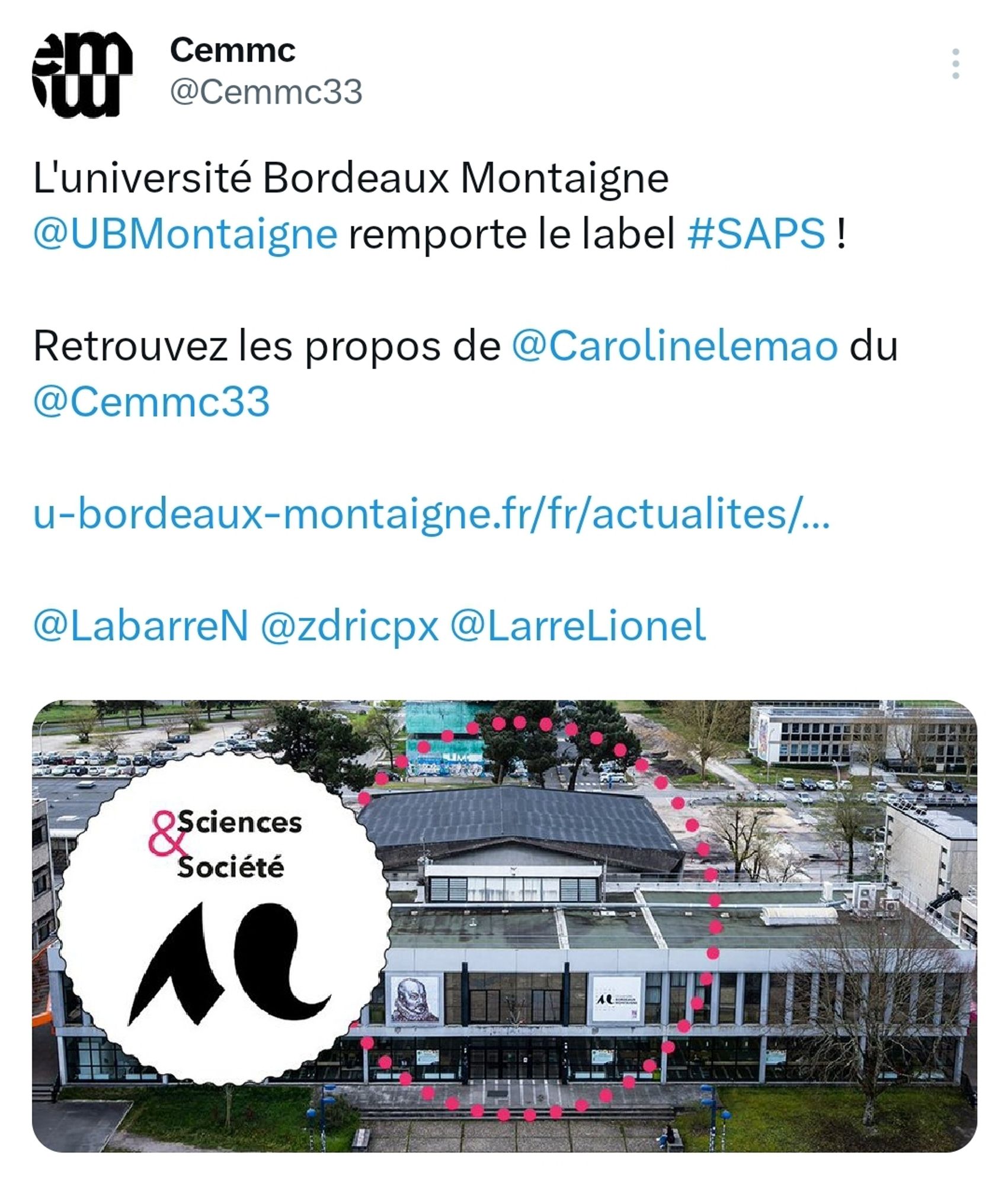 Message X annonçant la réussite de l'Université Bordeaux Montaigne qui remporte le Label Sciences avec et pour la société"