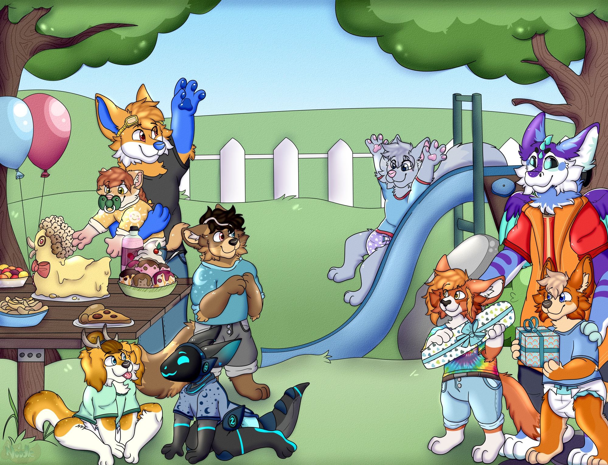 A Safe For Work art piece showcasing a children's birthday party at a playground. Next to the table is the racoon birthday child, several dogs, a protogen child, and an adult fox. 

An adult feather dragon has arrived with a dog child and cat child holding presents. 

A grey fox goes down a slide in the background.