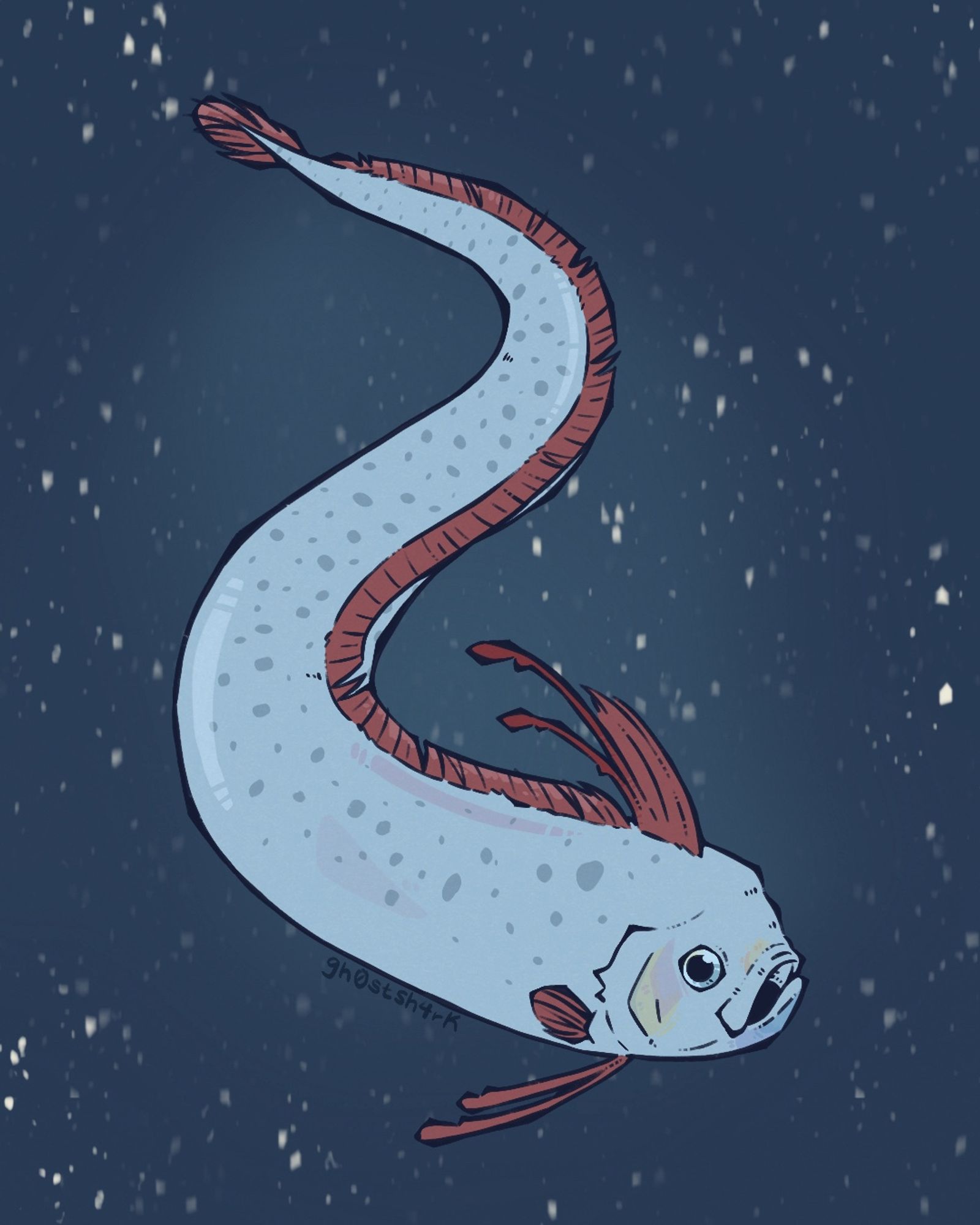 Drawing of an oarfish on a dark blue background, surrounded by marine snow.