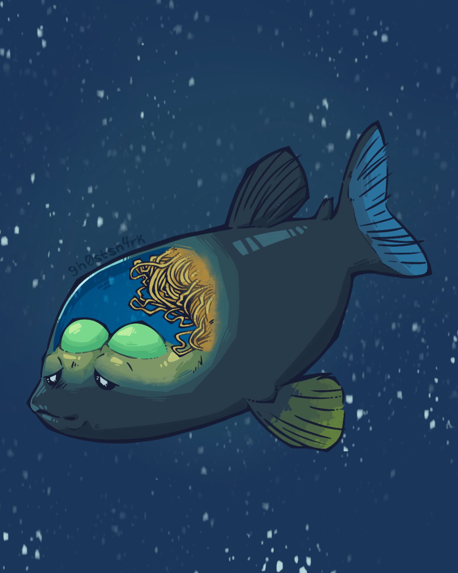 Drawing of a Barreleye fish against a dark blue background with marine snow around it.