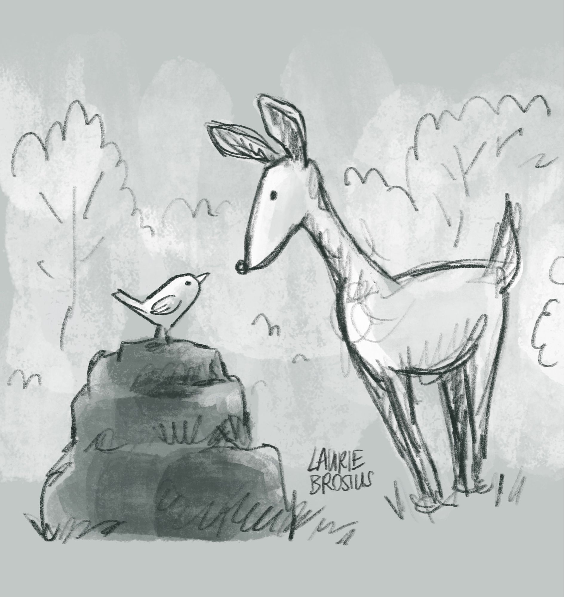 Black and white illustration of a bird and deer meeting in the forest.