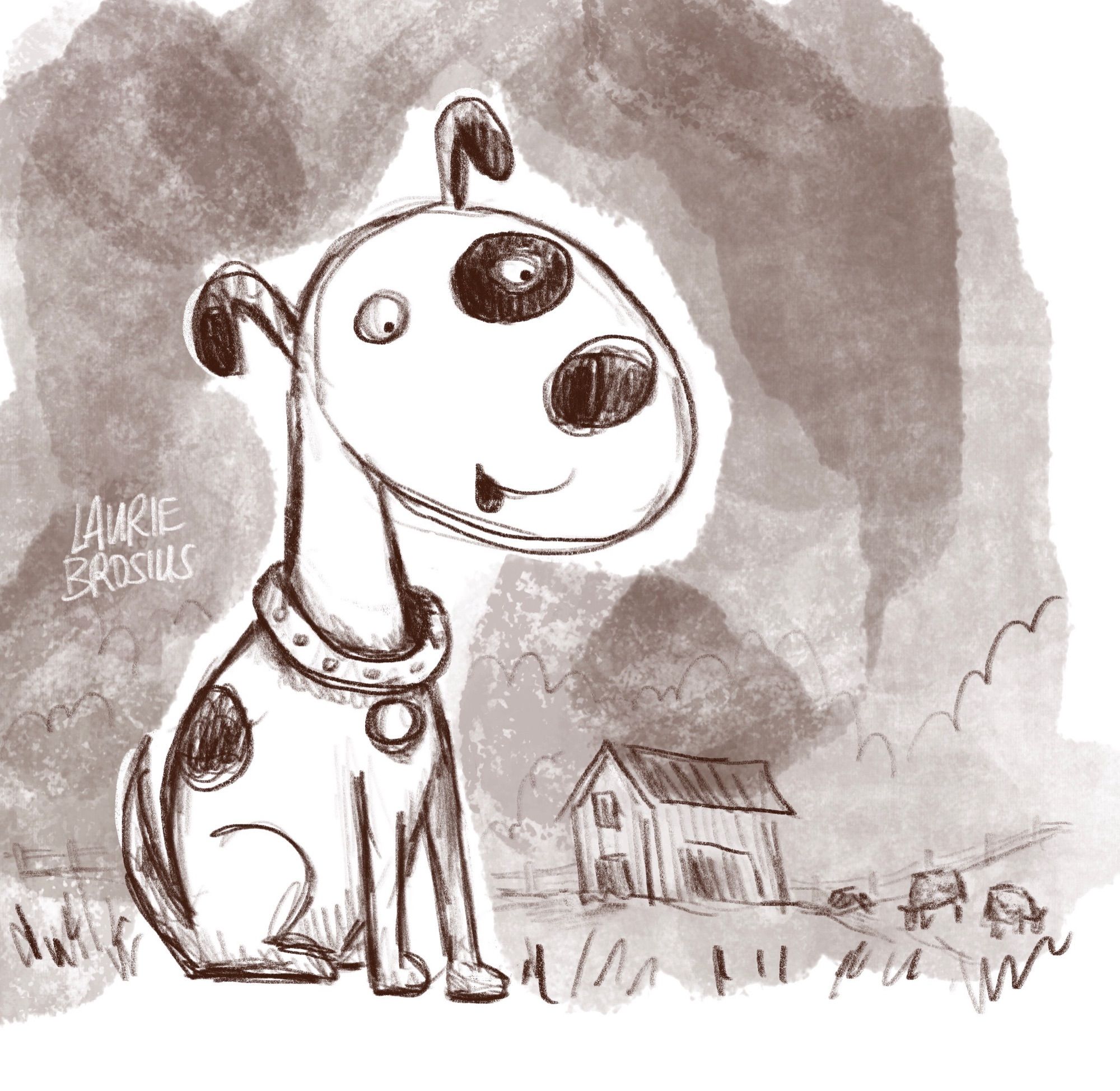 Illustration of a cute dog happily living on a farm.