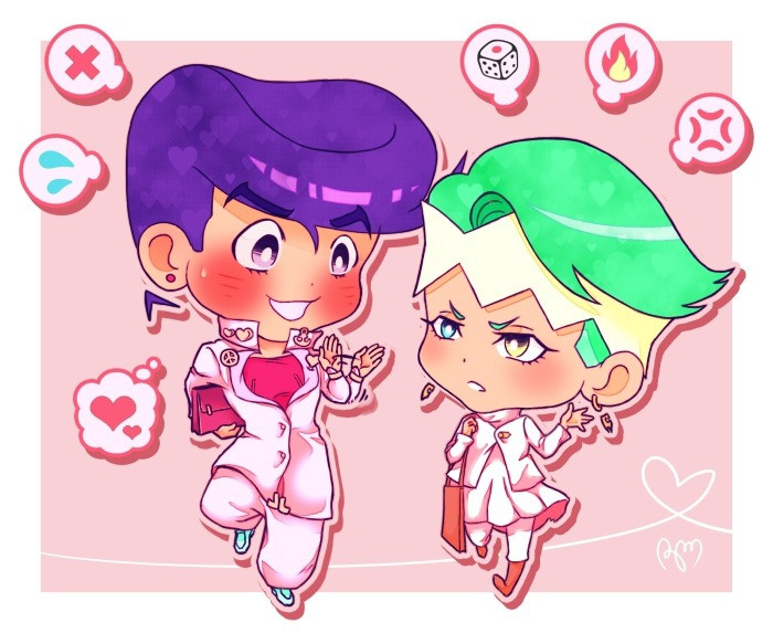 Josuke Higashikata and Rohan Kishibe from the manga Jojo's Bizarre Adventures in chibi form with pastel colors. They're walking beside each other. Rohan seems annoyed by Josuke while Josuke is flustered. A thought bubble from Josuke shows he is secretly in love with Rohan. The background is a pastel pink with the scribble of a white heart.