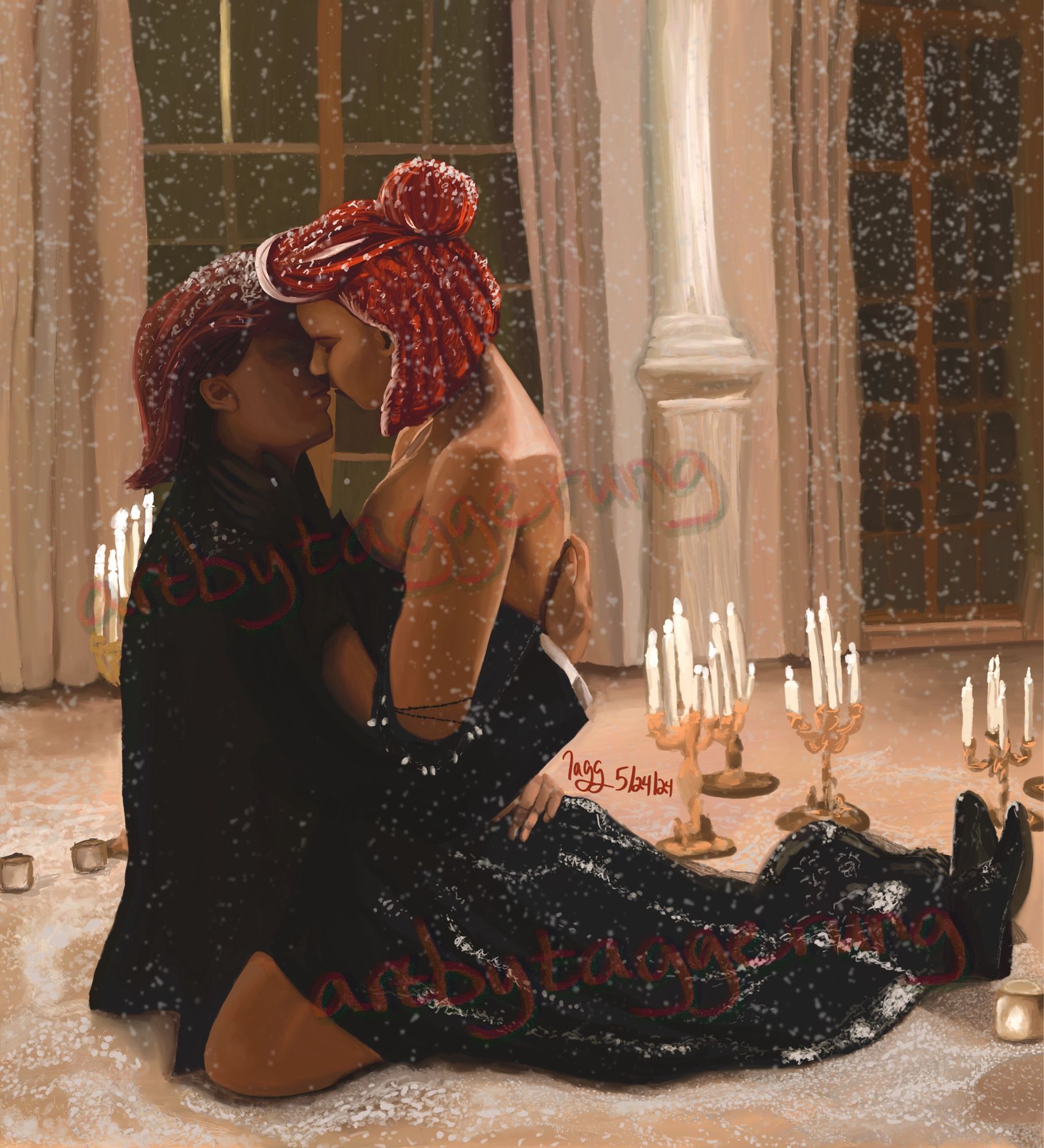 Rogue & Remy in a ballroom. Both of them are in black evening wear, Rogue straddling Remy. They are about to kiss where they are seated on the floor, surrounded by candelabras and falling show.