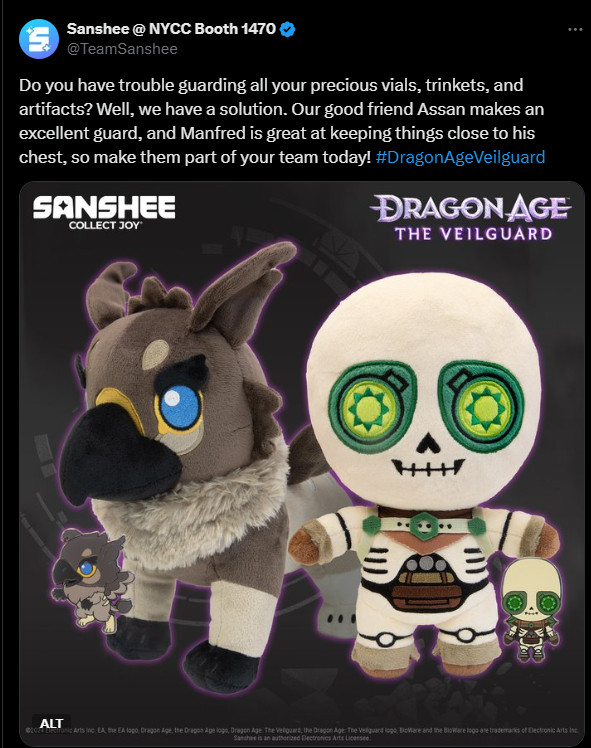 tweet from team sanshee with a picture of an assan and manfred plush:

'Do you have trouble guarding all your precious vials, trinkets, and artifacts? Well, we have a solution. Our good friend Assan makes an excellent guard, and Manfred is great at keeping things close to his chest, so make them part of your team today! #DragonAgeVeilguard
