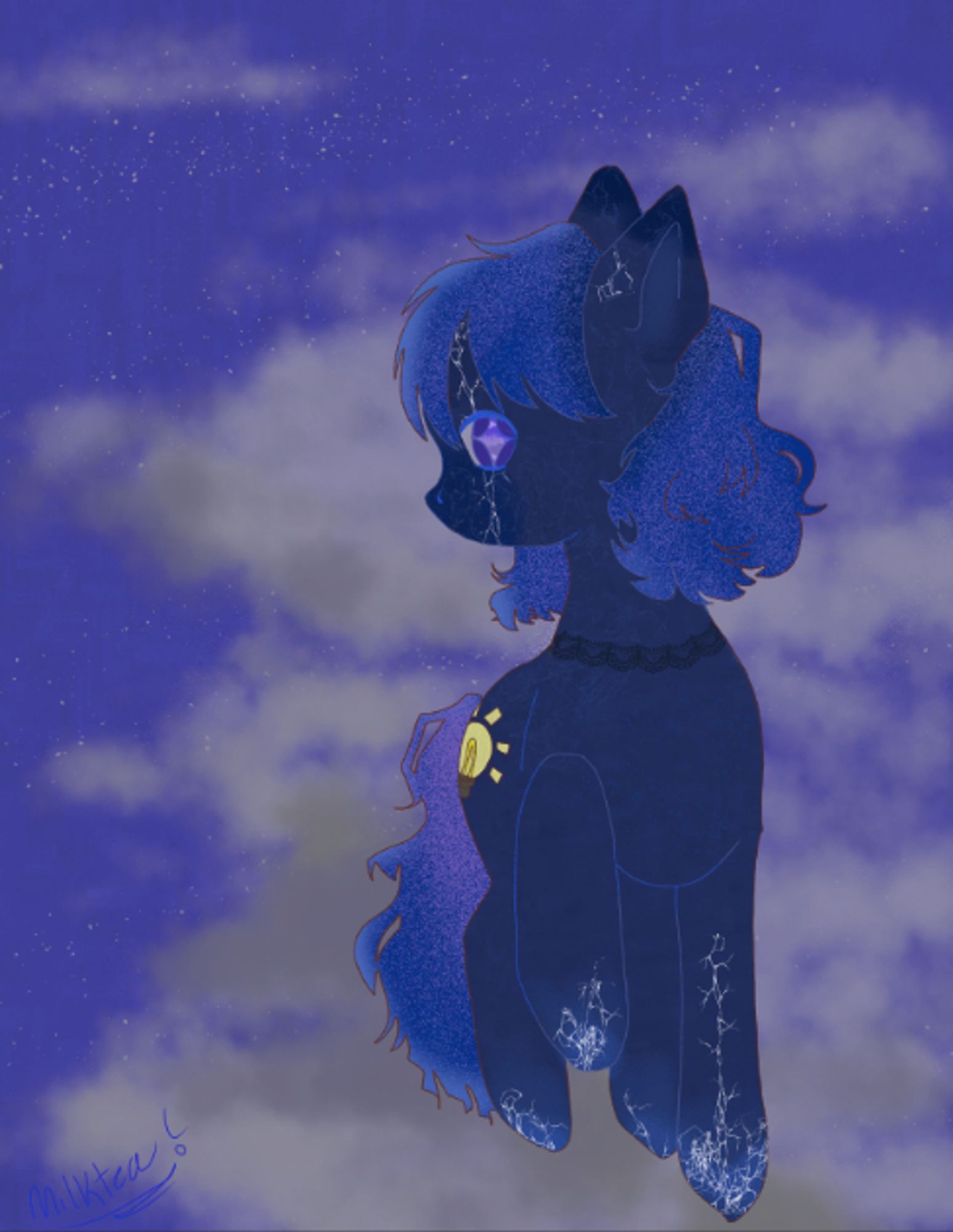 A drawing of a dark blue pony with cracks of white on her hooves and a lightbulb cutie mark standing on a cloud