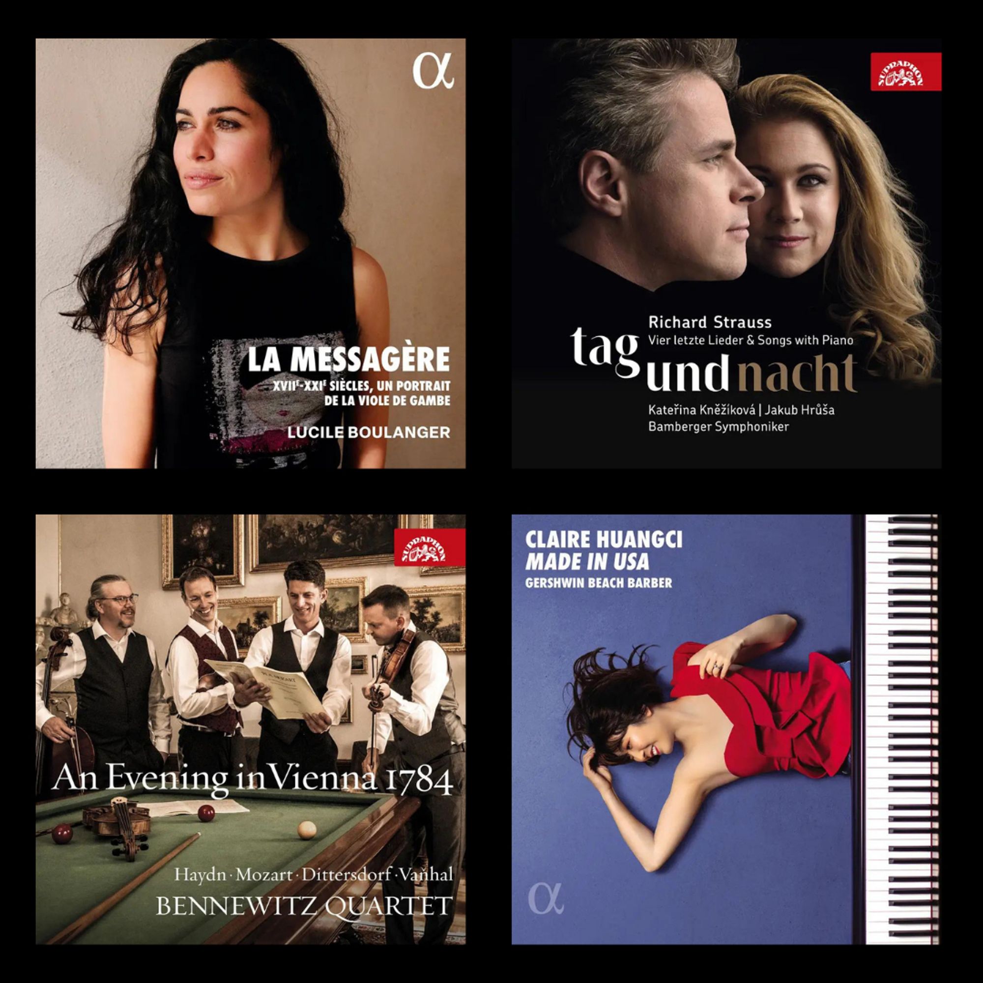 4 album covers : La Messagère (photo of Lucile Boulanger), Tag und Nach (Photo of Jakub Hrusa and Kateřina Kněžíková), An Evening in Vienna 1784 (Photo of the Bennewitz Quartet, Jakub Fišer, Štěpán Ježek , Jiří Pinkas, Štěpán Doležal), Made in the USA (photo of Claire Huangci)