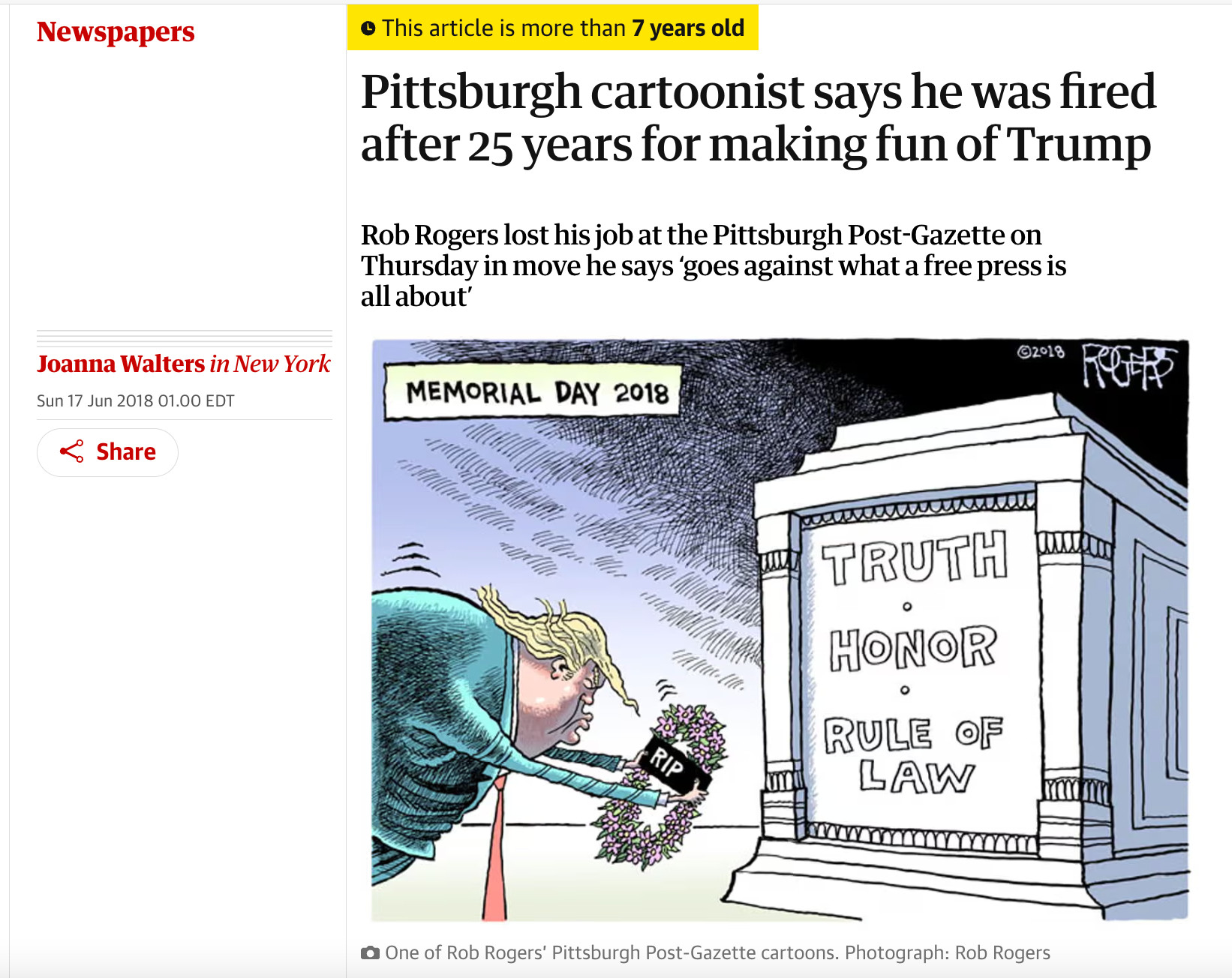 Guardian story, 2018, Rob Rogers fired