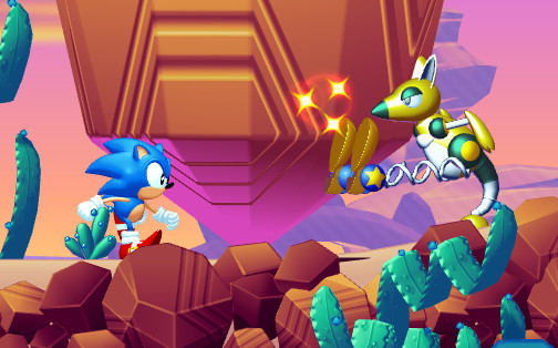 Kanga Clanga Badnik, as it appears in a 2.5D prototype Evening Star worked on after Sonic Mania. It is balancing on its tail and kicking forward with its springy roo feet! Sonic is knocked to the left with significant kinetic force.