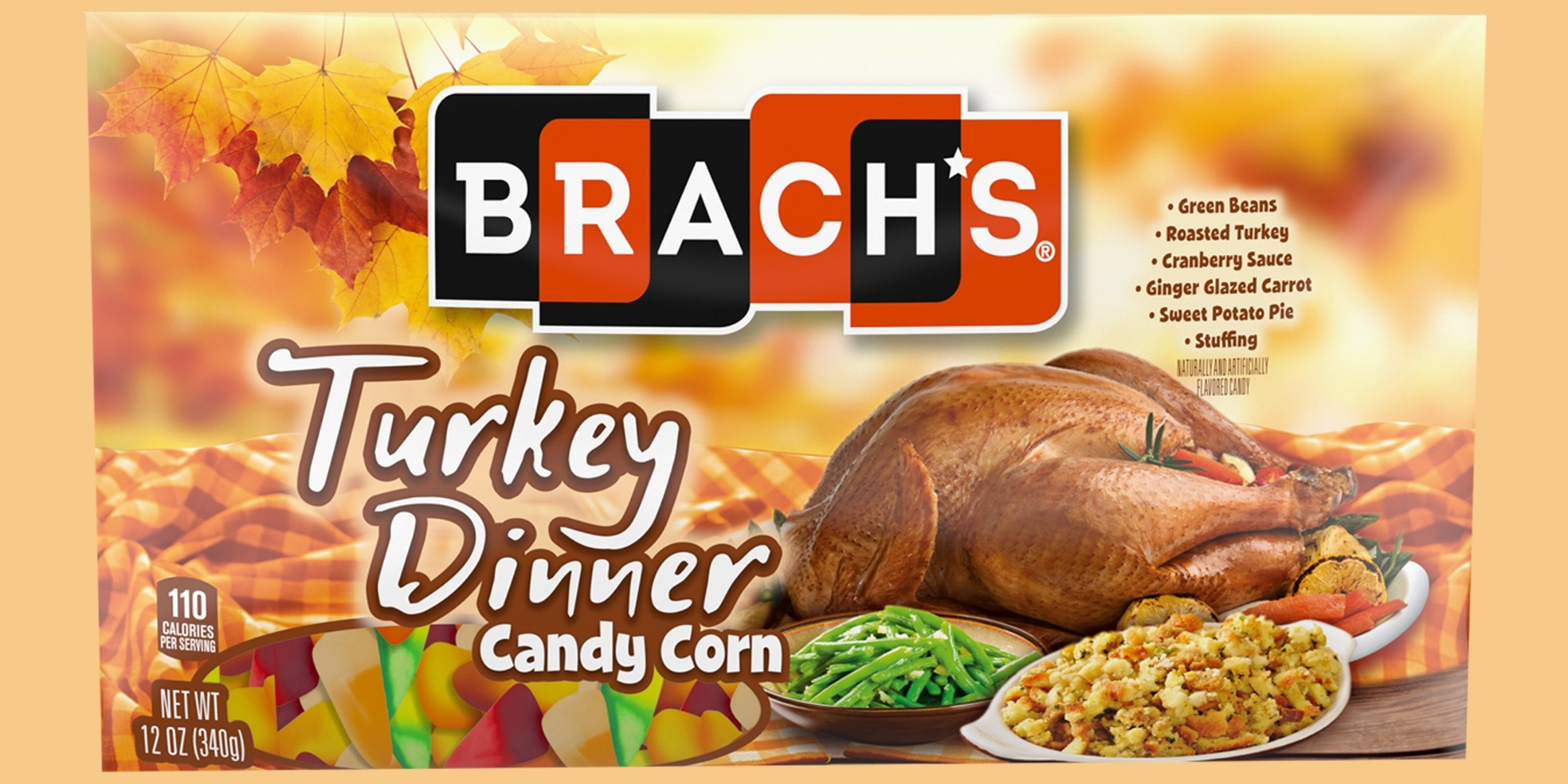 Brachs Turkey Dinner candy corn from a couple years ago. 

The flavor list is as follows: 
Green Beans 
Roasted Turkey 
Cranberry Sauce 
Ginger Glazed Carrot 
Sweet Potato Pie 
Stuffing