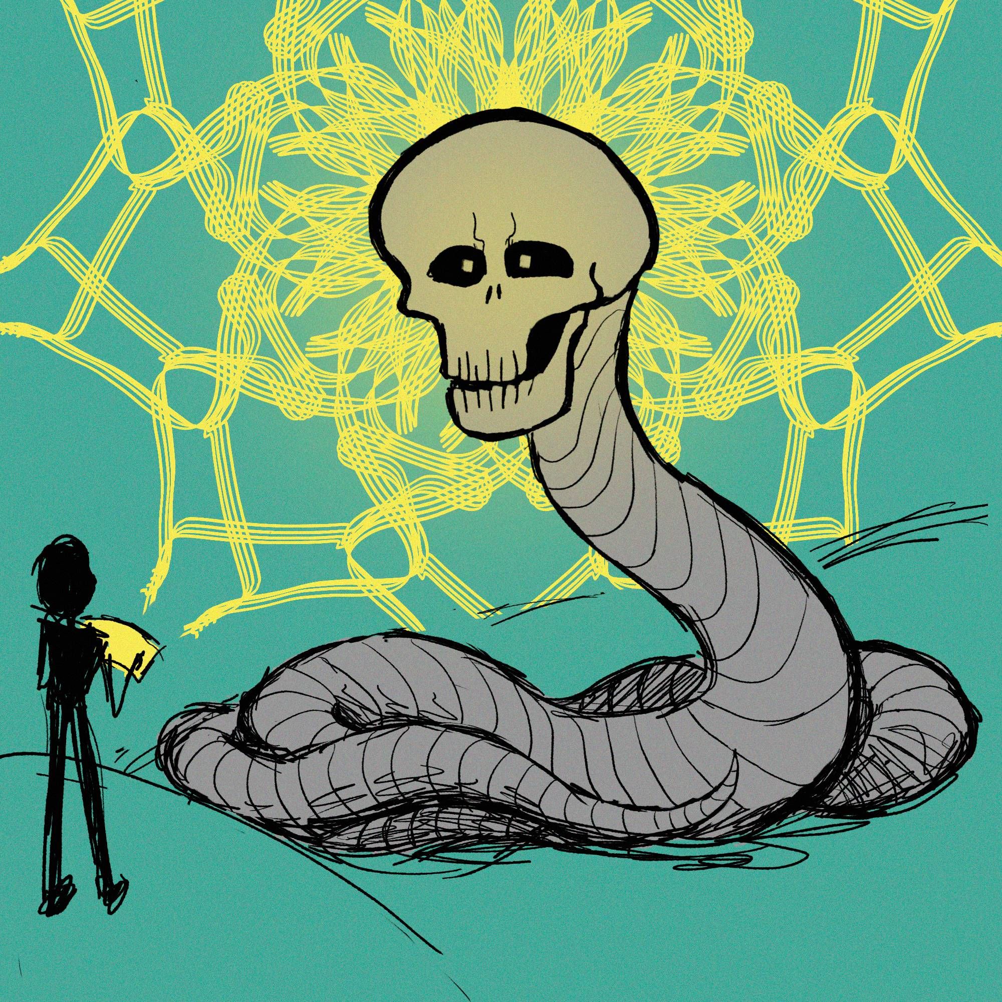 Digital drawing of a traveller meating giant skull-headed snake.