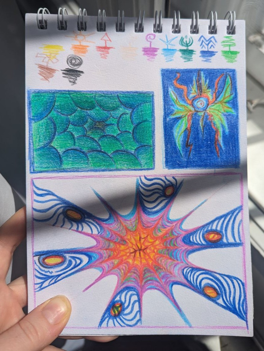 photo of a scetchbook page with testing of a more vivid colored pencils