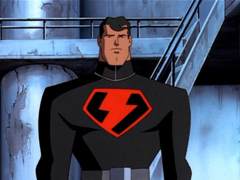 A frame of an alternate universe version of Superman from the 1990s animated series with a modified logo with a red lighting bolt in place of the 'S' on his chest, wearing mostly black, a neck collar with gray partitioning line, and a silver belt buckle, looking wistfully at Lois Lane from the main universe who is returning back to hers.