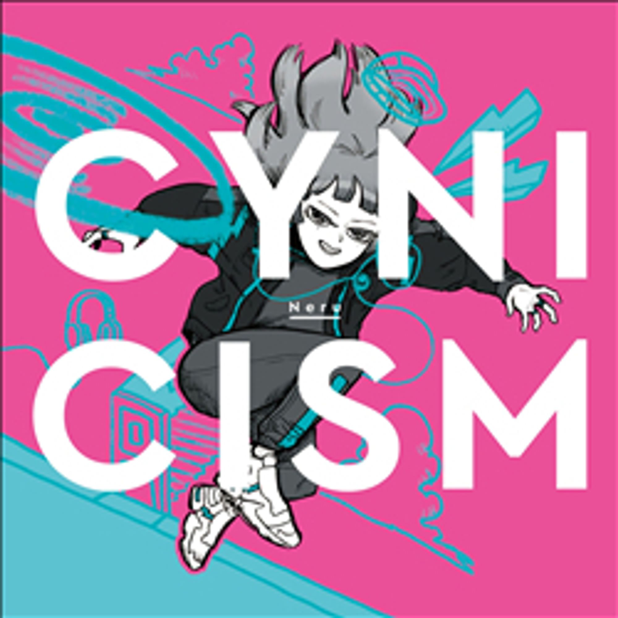 Cover art for Cynicism. A generic person is jumping up while looking at you. They have long grey hair, a grey sweatshirt, grey sport shorts on top of black leggings with a white stripe, and white sneakers. They are against a yellow sky with a blue road, bus stop, headphones, CDs and clouds. The album logo is in the middle of the image in white, cut off in the middle and covering the whole image.