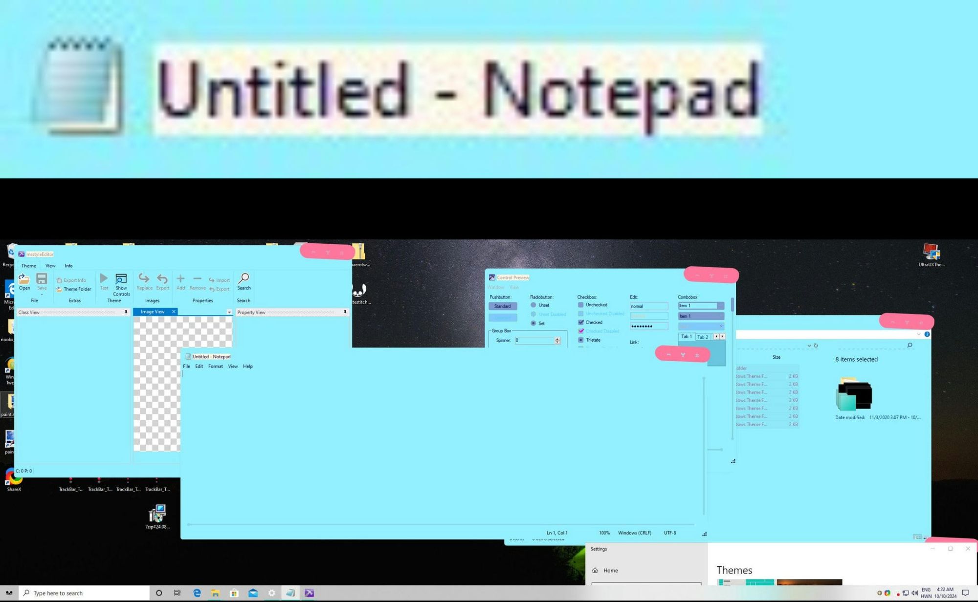 a screenshot of a Windows theme with one glaring issue, everything is tinted blue except for the "untitled - notepad" and others window title text background