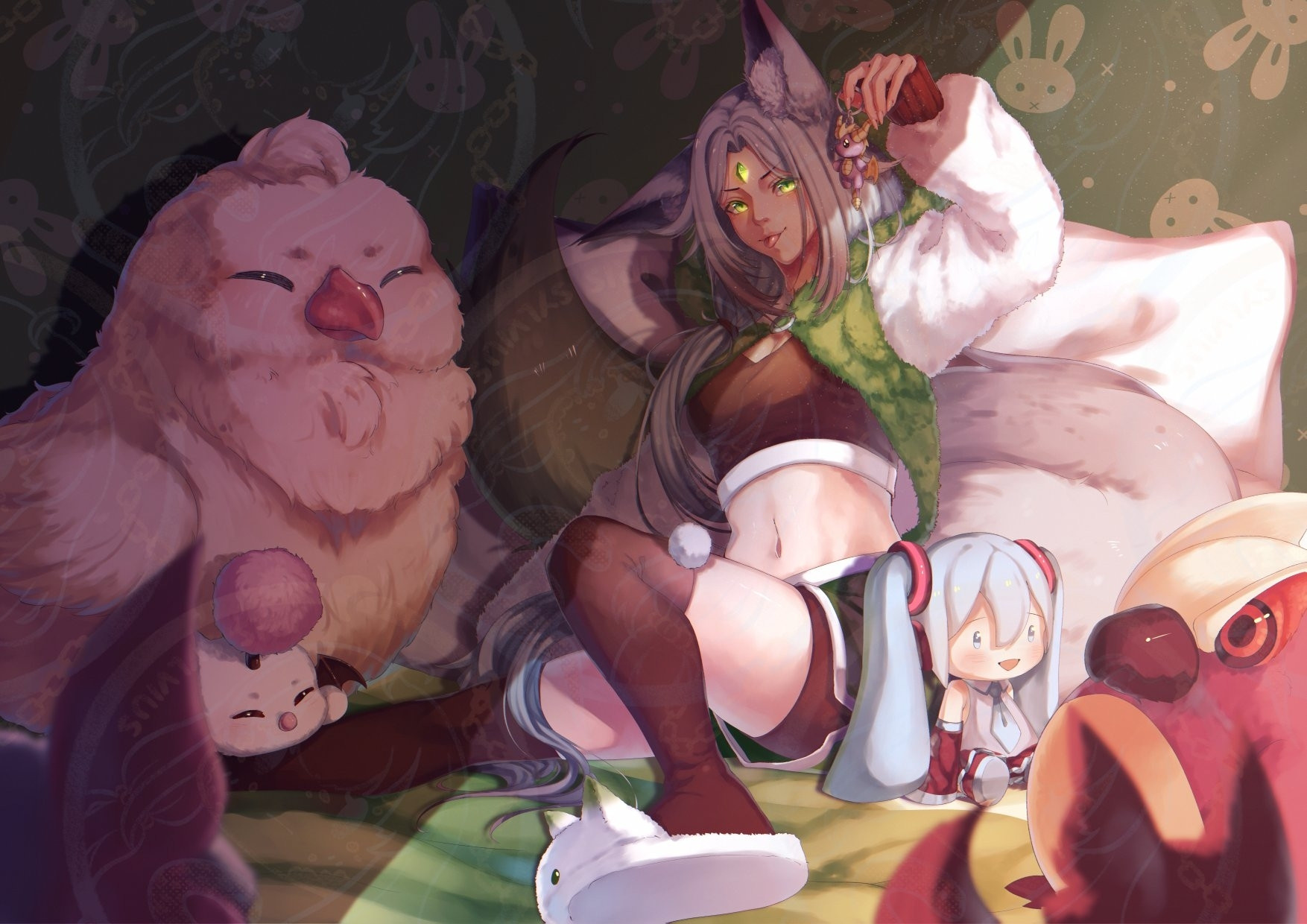 Jin Vulpecula vtubers avatar sitting on a bed, surrounded by plushies from various game franchises