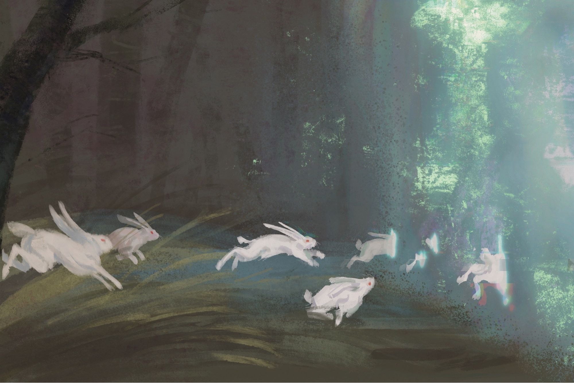 A painting of several white rabbits running through soft blue-green grass, and disappearing through the barrier into Area X.