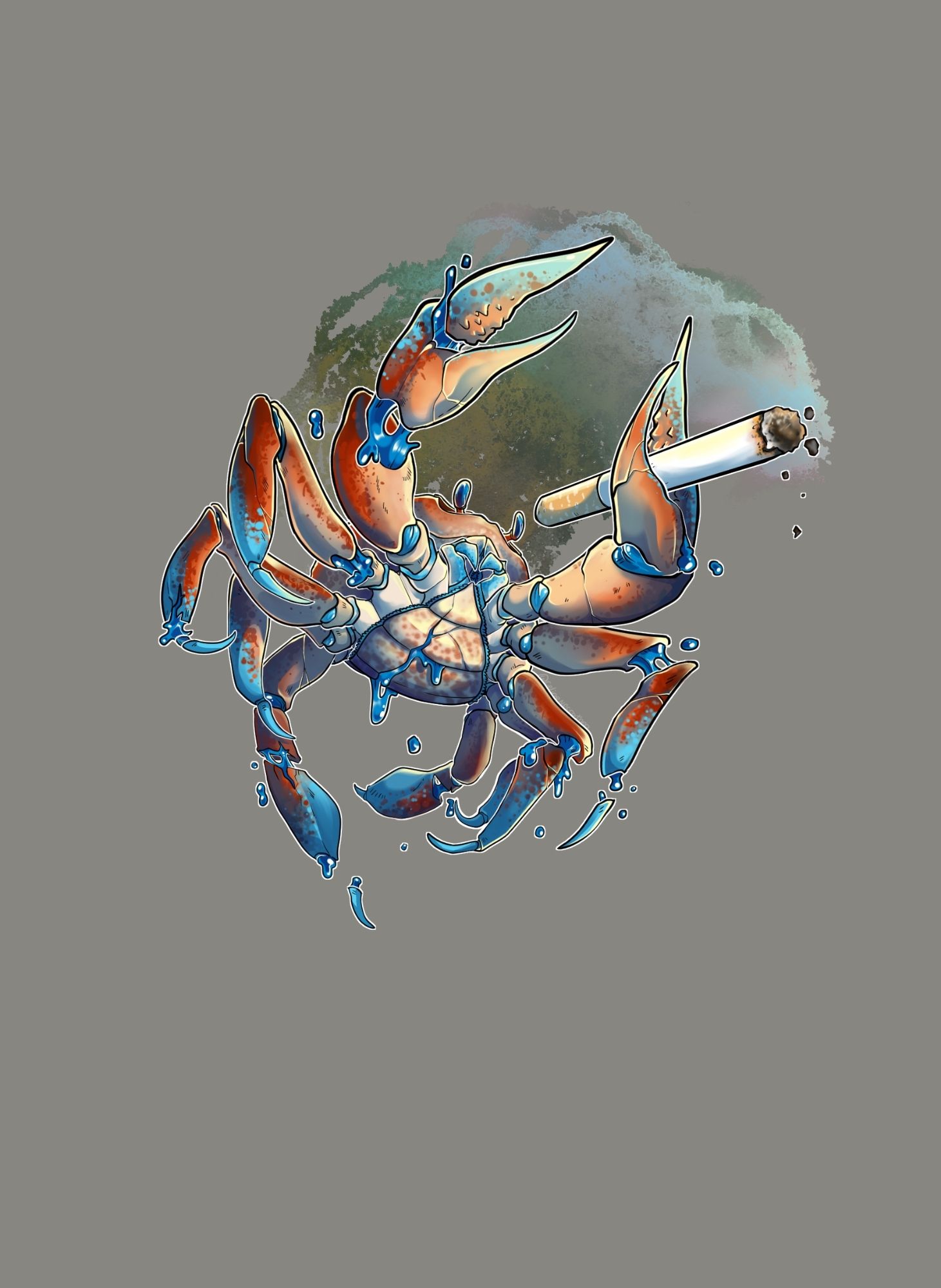 Stylized Orange crab holding a cigarette and falling apart at the joints. The shell is cracked and the blood is bright candy blue and very stylized, almost gummy. This image is inspired by a real image of a crab holding a cigarette