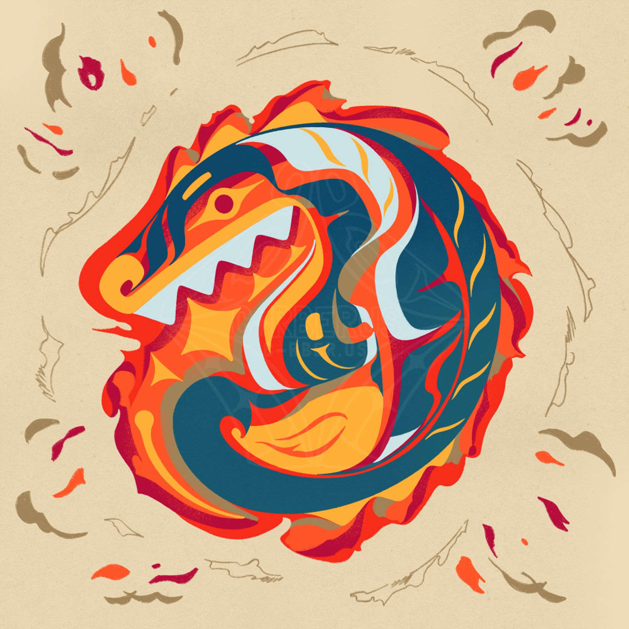 a formline design of a horned dragon. the dragon is curled up, the fluffy end of its tail nested beneath its forepaw, and it's engulfing itself with its fire-breath. surrounding the design are doodles of flames and smoke.