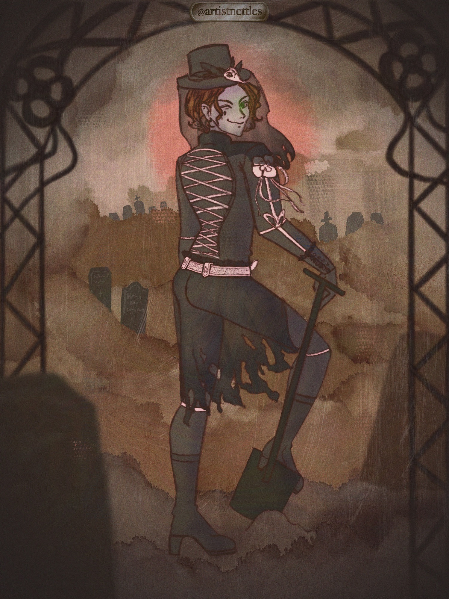 Cater Diamond from twisted wonderland in his Halloween suit, standing in a graveyard with a shovel and posing