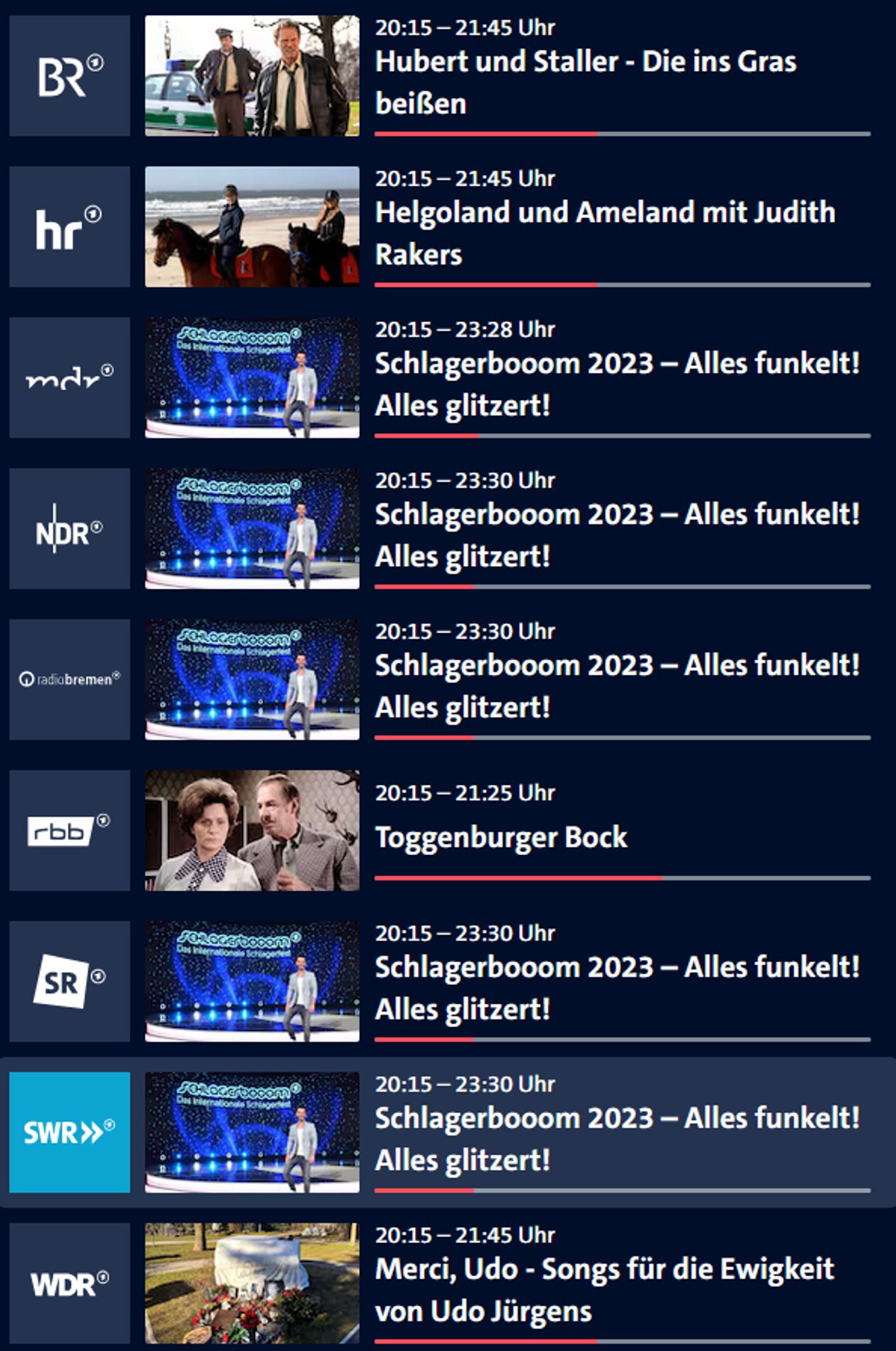 Screenshot aus der ARD Mediathek: 
zu sehen ist eine Übersicht der aktuell laufenden Sendungen der neun Dritten Fernsehprogramme; 
im MDR, NDR, Radio Bremen, SR und SWR läuft die Sendung „Schlagerbooom 2023 – Alles funkelt! Alles glitzert!“ von 20:15 bis 23:30 Uhr