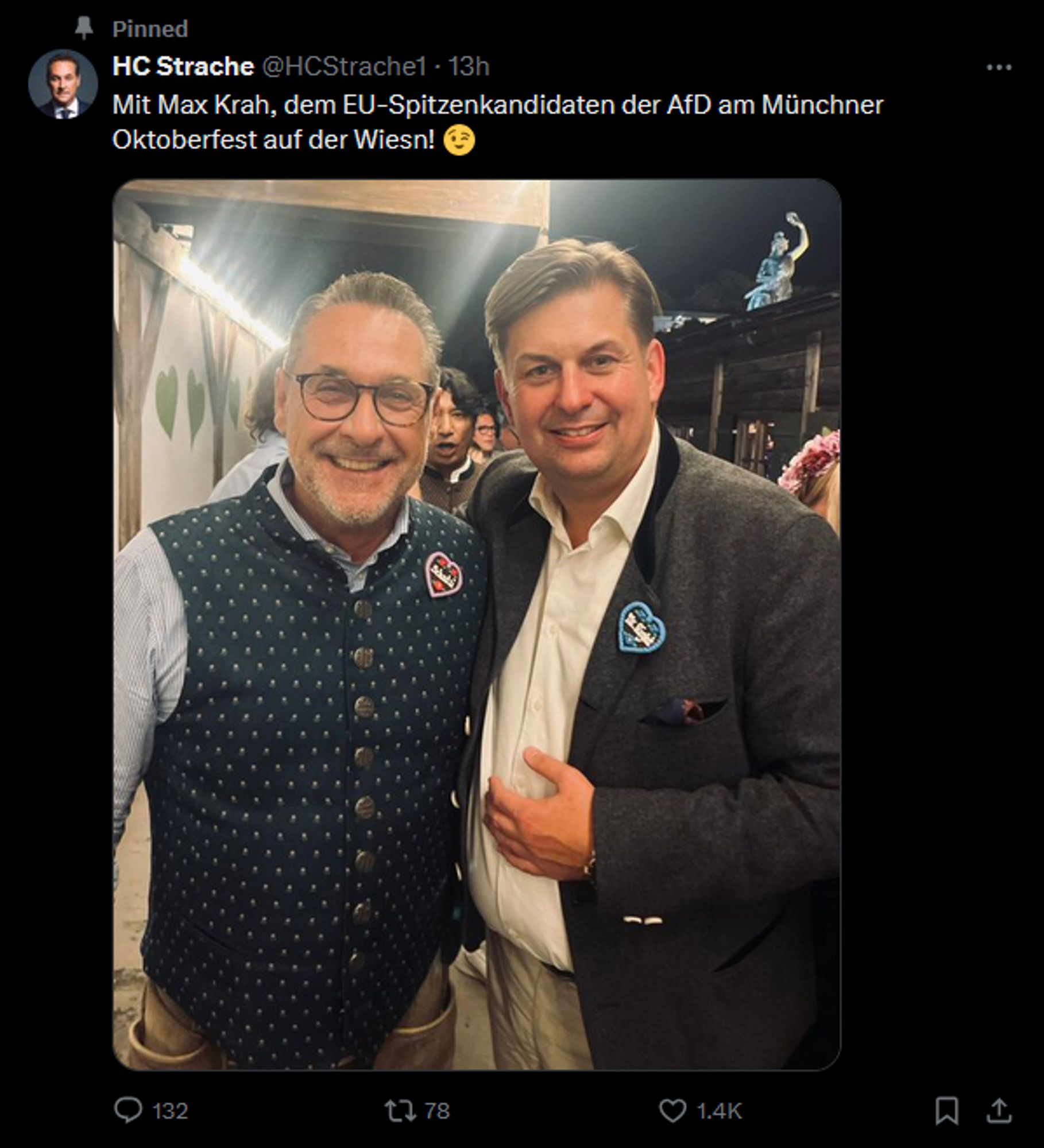 Tweet von @HCStrache1 vom 28.09.2024; 
„Mit Max Krah, dem EU-Spitzenkandidaten der AfD am Münchner Oktoberfest auf der Wiesn! 😉“; 
darunter ein Foto von HC Strache und Maximilian Krah lachend