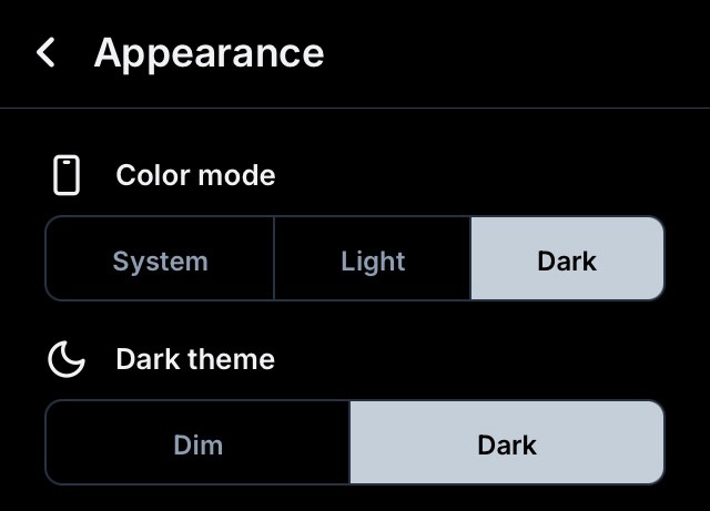 Bluesky’s appearance settings, showing “Color mode” and “Dark theme” set to “Dark.”